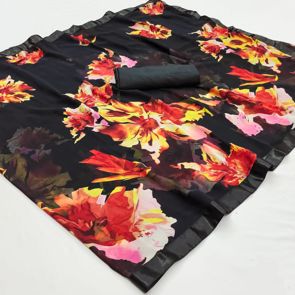 Midnight Black Digital Print Saree | Satin Patta Splendor