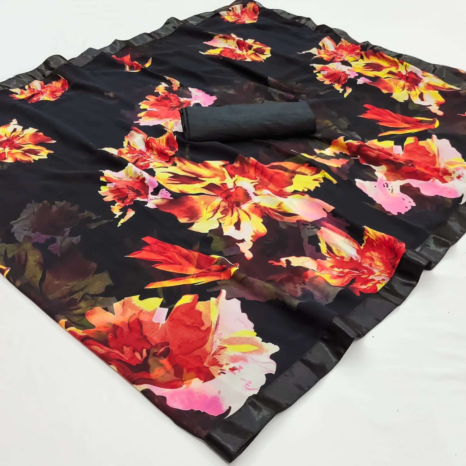 Midnight Black Digital Print Saree | Satin Patta Splendor