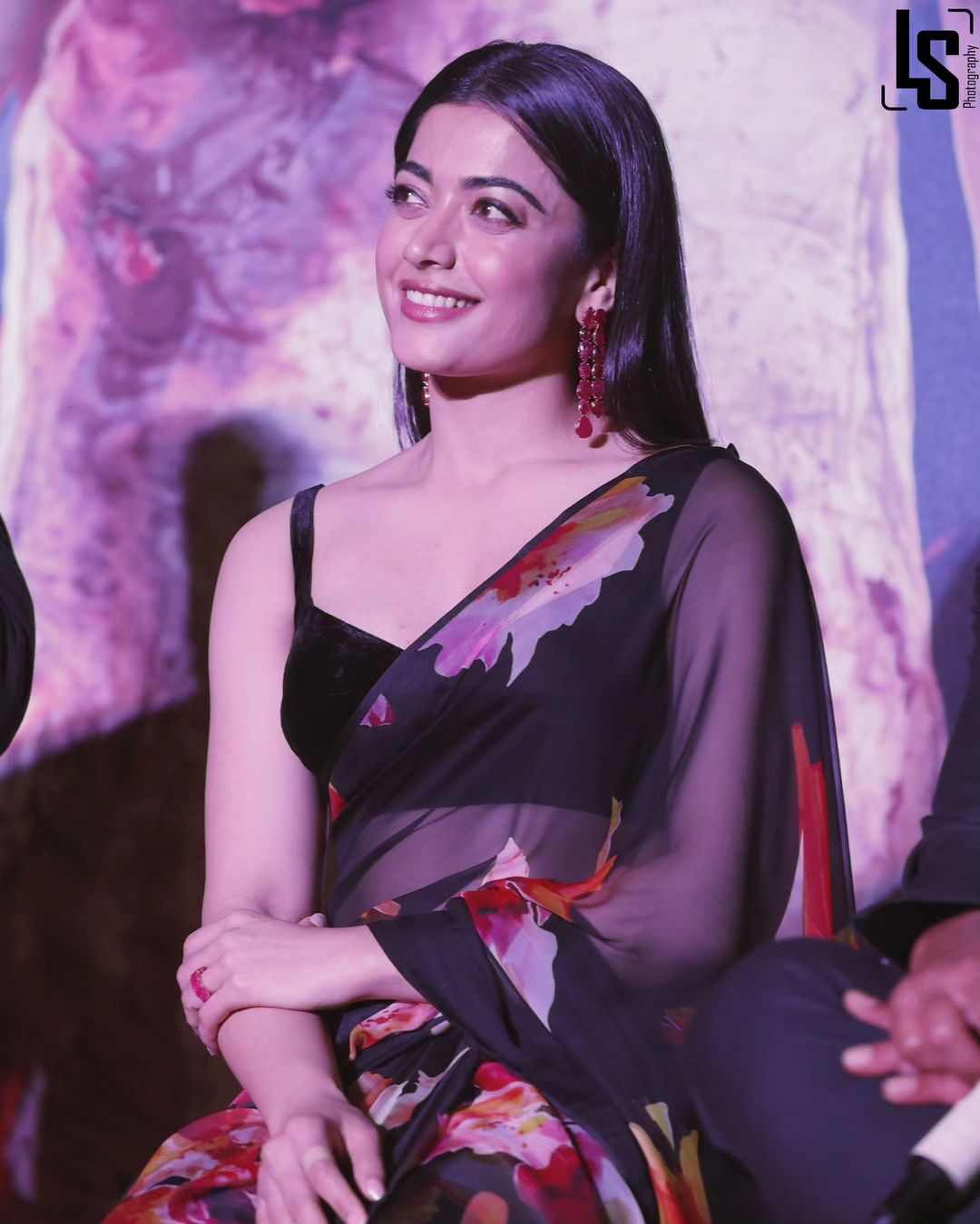 Midnight Black Digital Print Saree | Satin Patta Splendor
