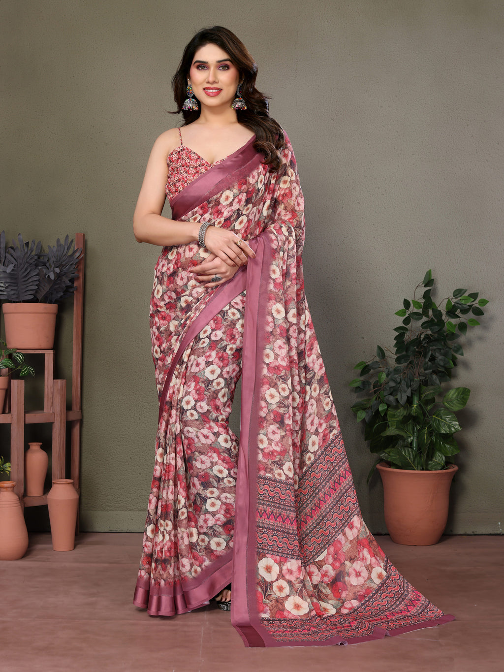 Rose Gold Digital Print Saree | Satin Patta Radiance