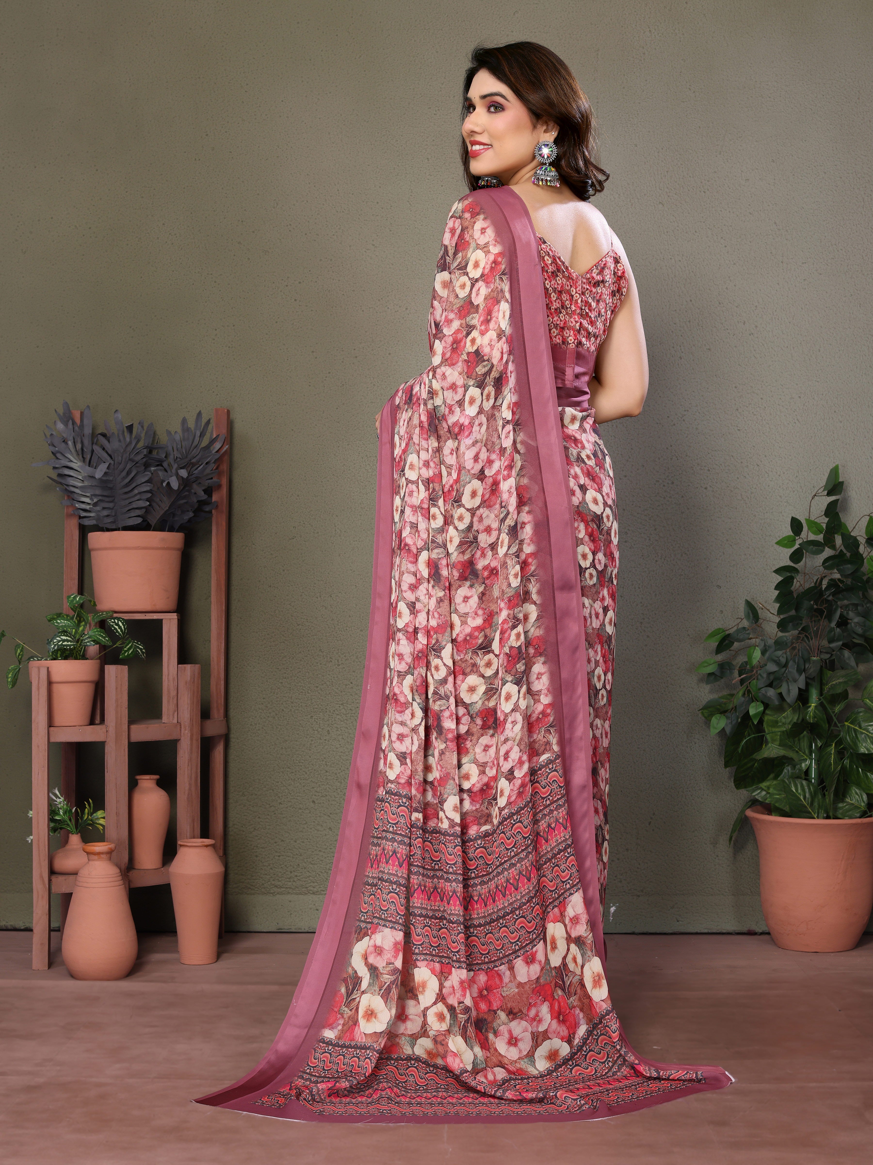Rose Gold Digital Print Saree | Satin Patta Radiance