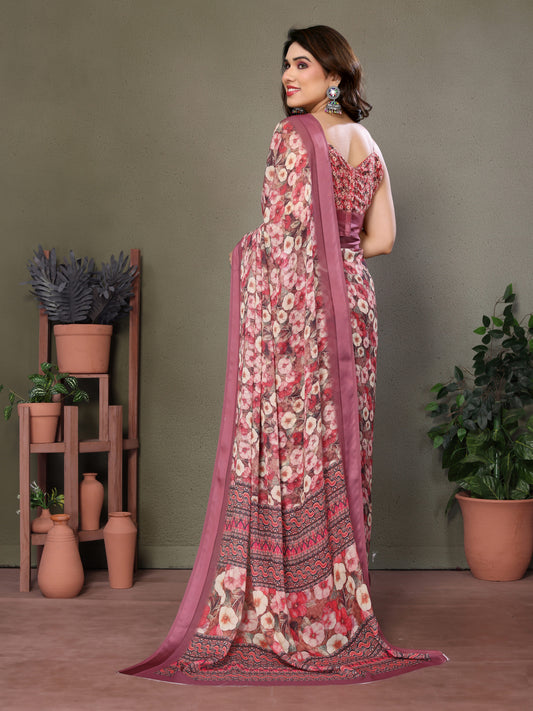 Rose Gold Digital Print Saree | Satin Patta Radiance