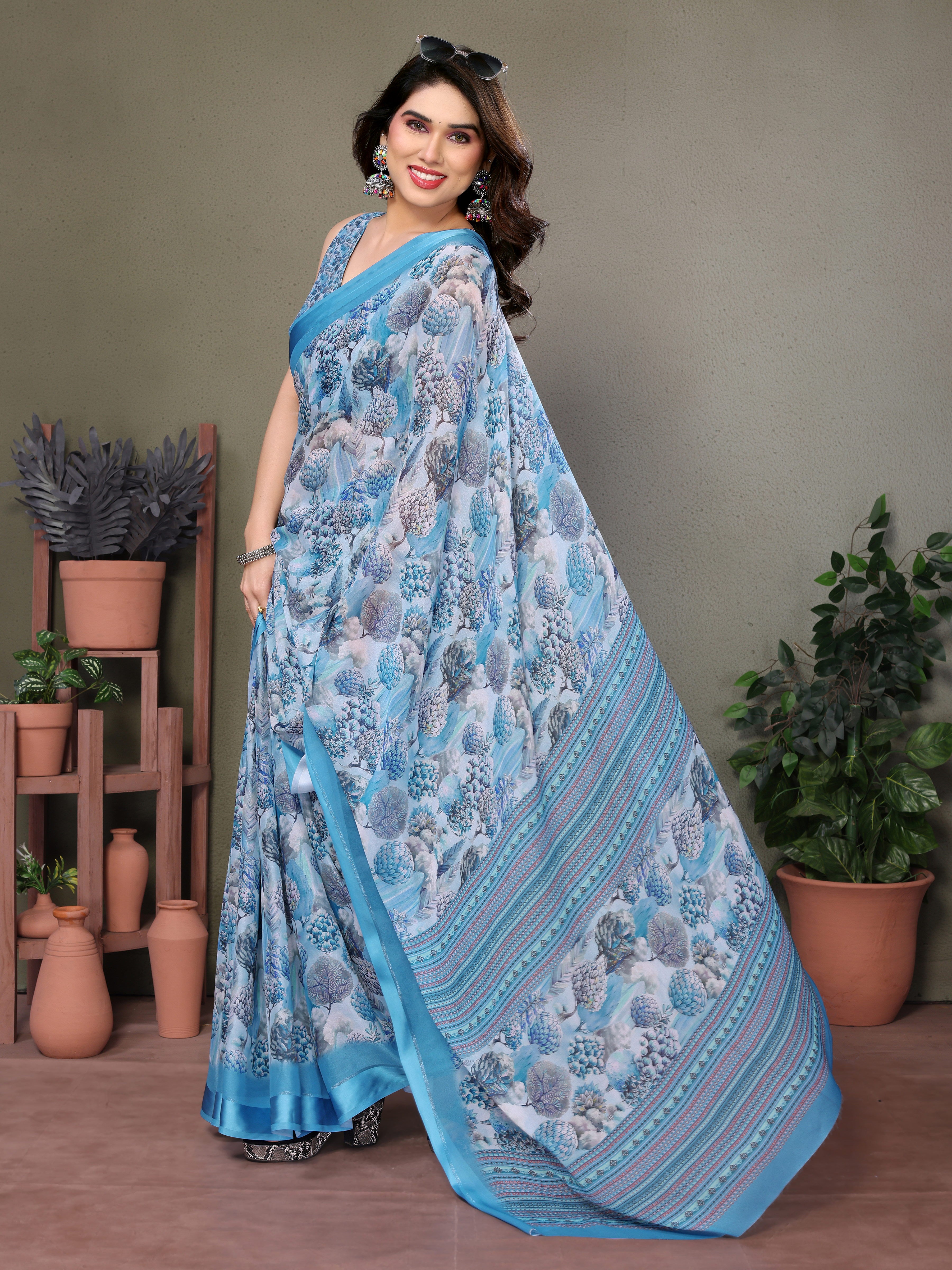 Ocean Blue Digital Print Saree | Satin Patta Serenity