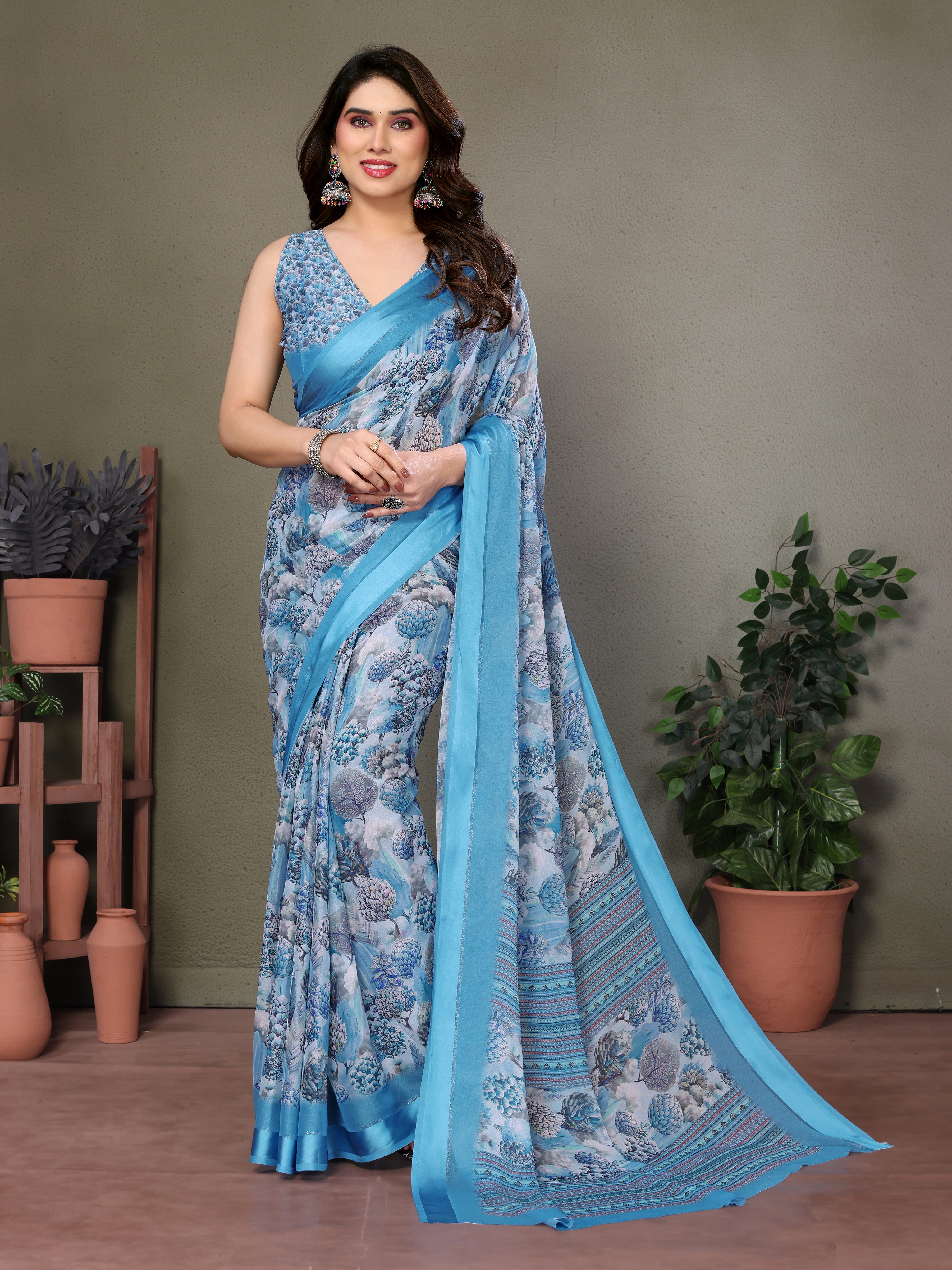 Ocean Blue Digital Print Saree | Satin Patta Serenity