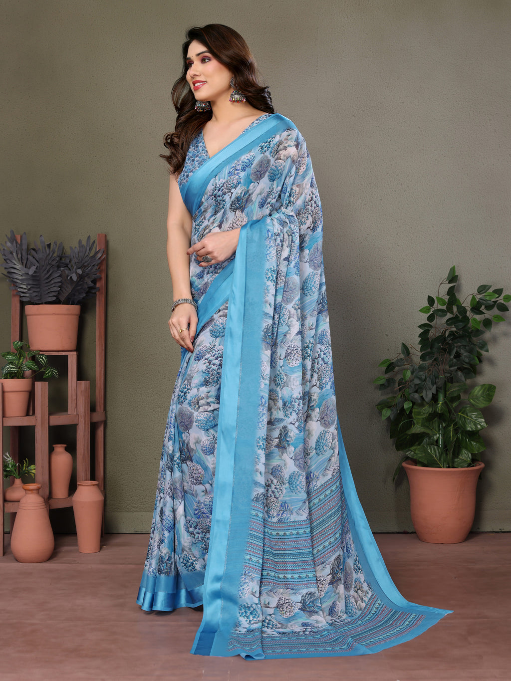 Ocean Blue Digital Print Saree | Satin Patta Serenity