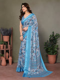 Ocean Blue Digital Print Saree | Satin Patta Serenity