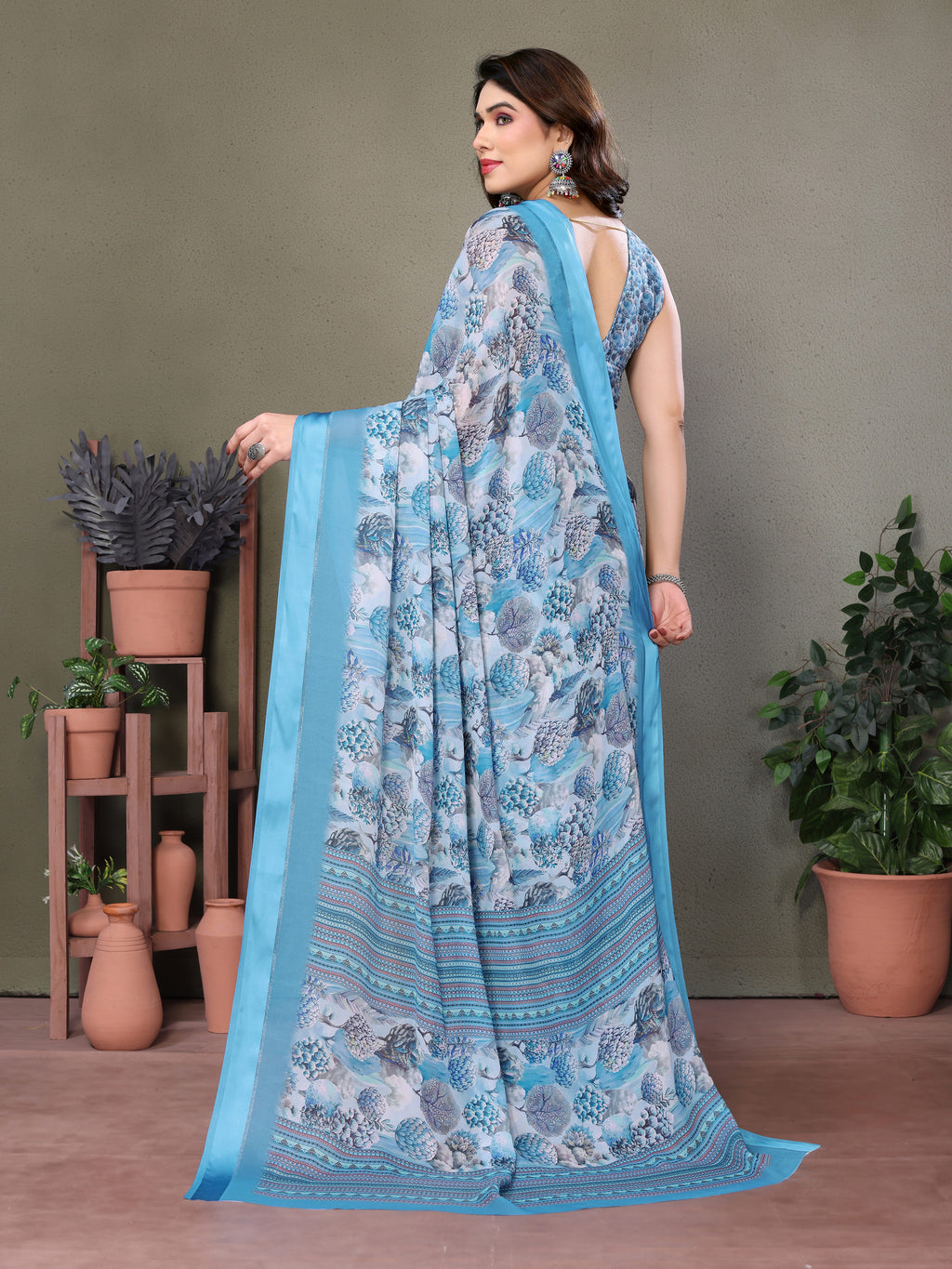 Ocean Blue Digital Print Saree | Satin Patta Serenity