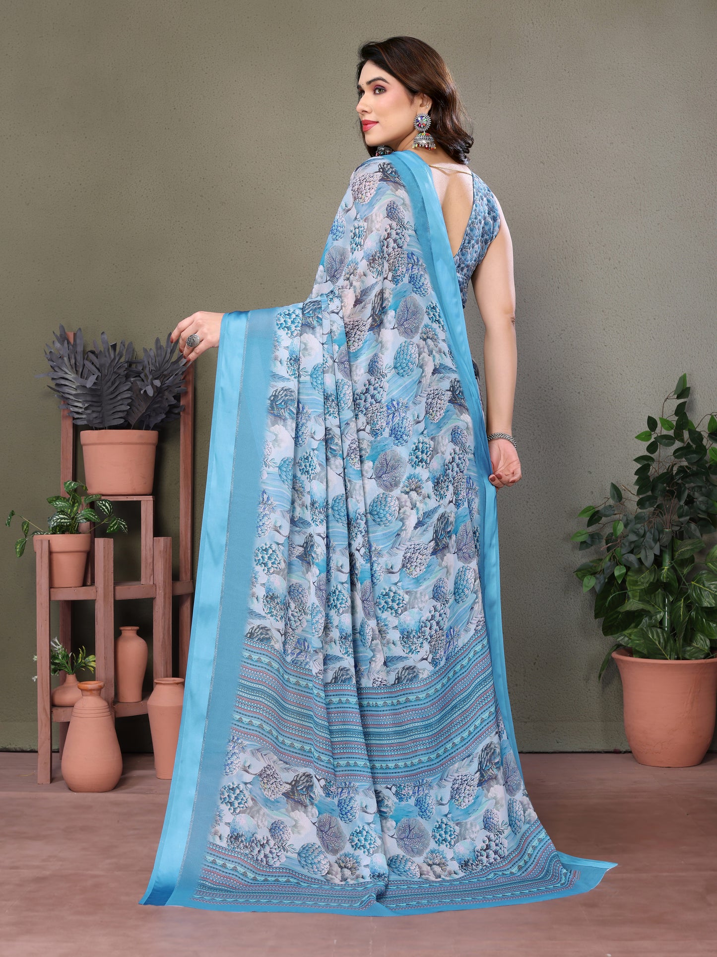 Ocean Blue Digital Print Saree | Satin Patta Serenity