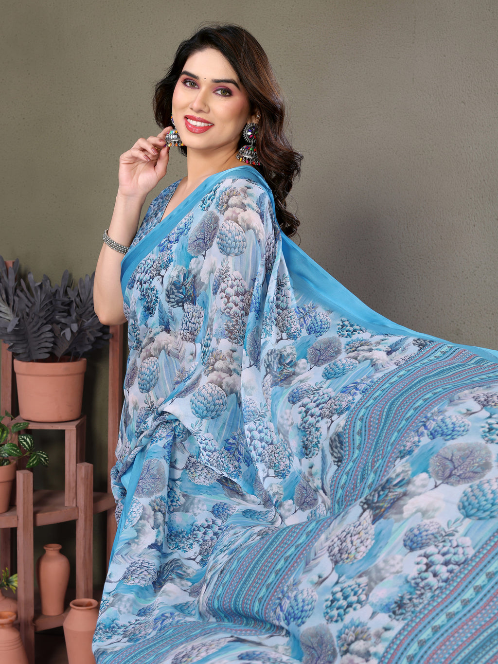 Ocean Blue Digital Print Saree | Satin Patta Serenity