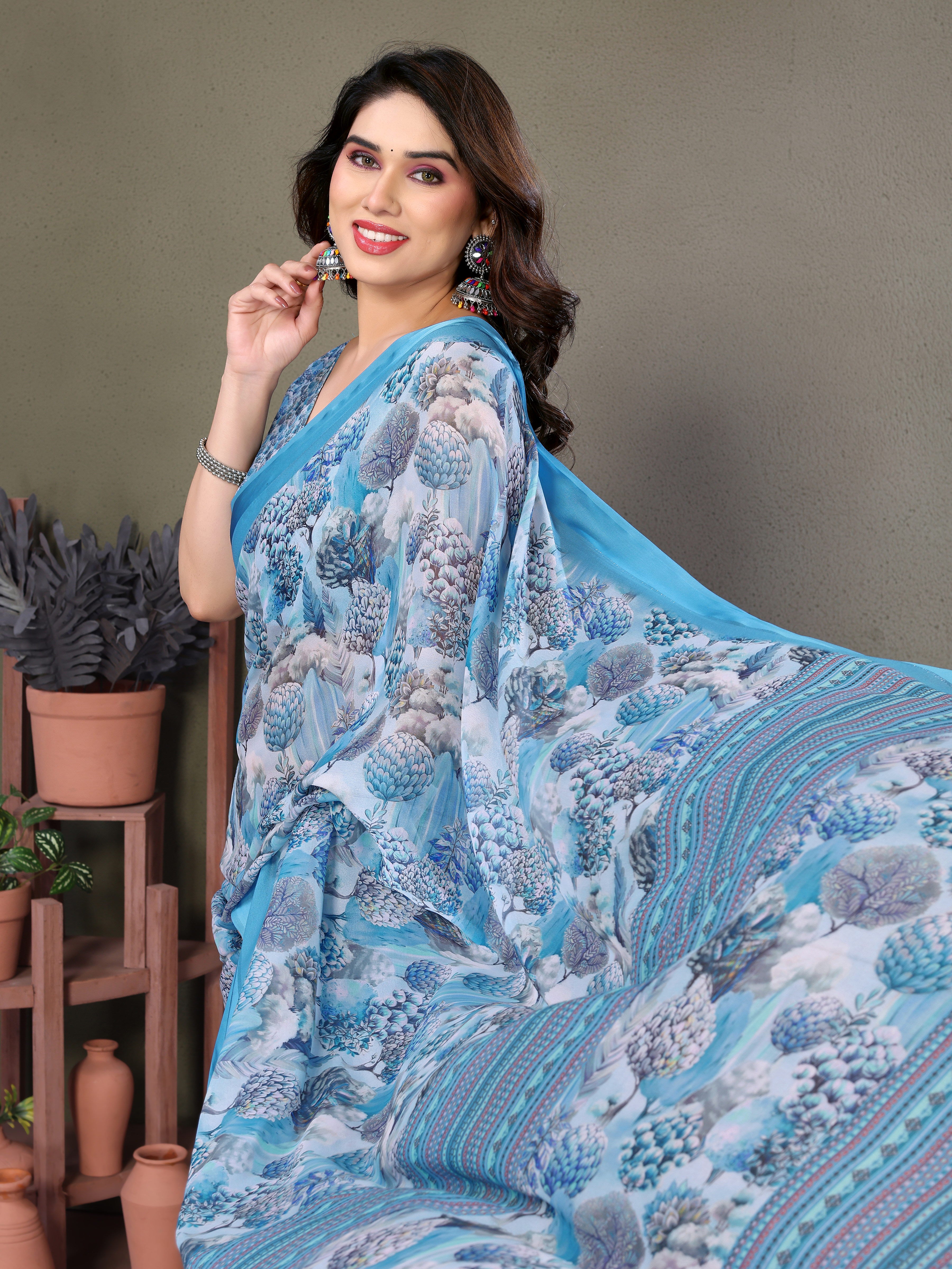 Ocean Blue Digital Print Saree | Satin Patta Serenity