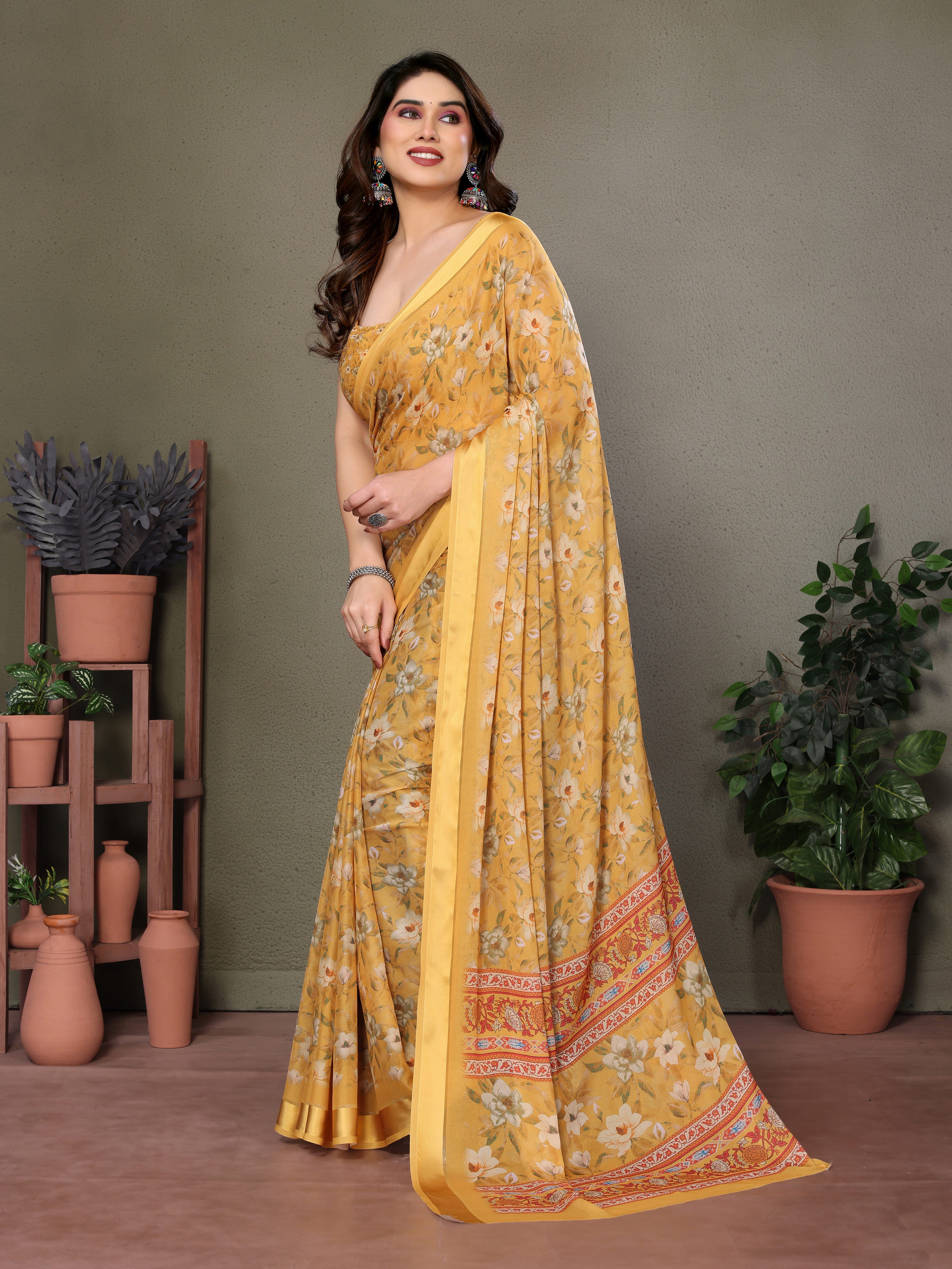 Sunshine Yellow Digital Print Saree | Satin Patta Joy