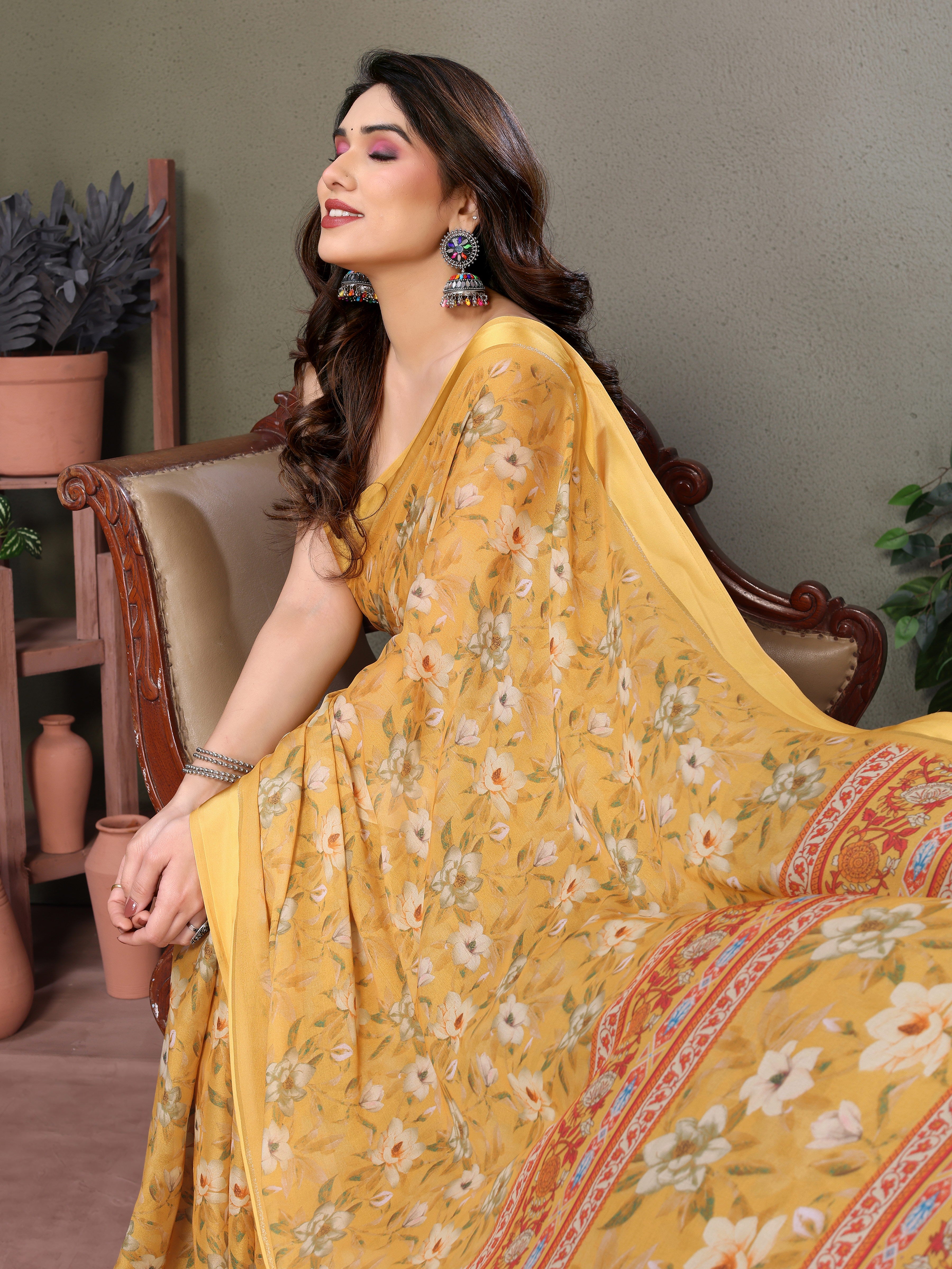 Sunshine Yellow Digital Print Saree | Satin Patta Joy