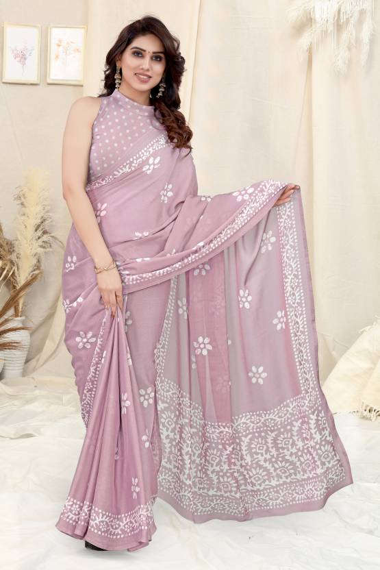 Delicate Pink Chinon Shiffon Printed Saree | Coordinated Printed Blouse Ensemble