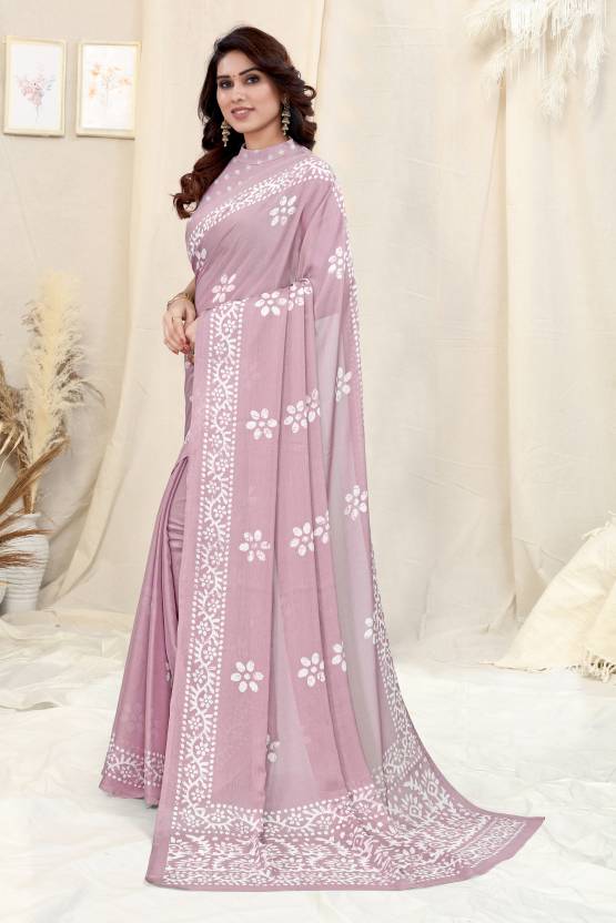 Delicate Pink Chinon Shiffon Printed Saree | Coordinated Printed Blouse Ensemble