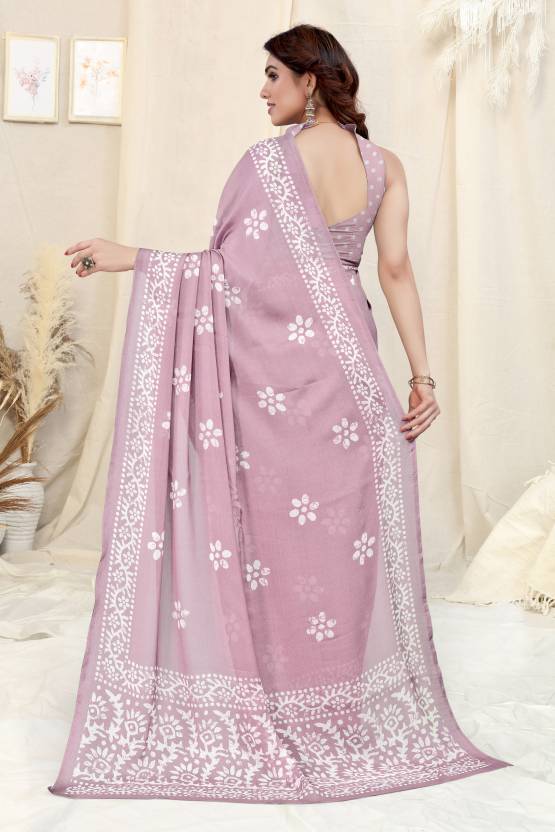 Delicate Pink Chinon Shiffon Printed Saree | Coordinated Printed Blouse Ensemble