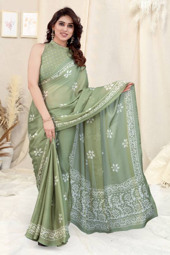 Gentle Peach Chinon Shiffon Printed Saree | Coordinated Printed Blouse Ensemble