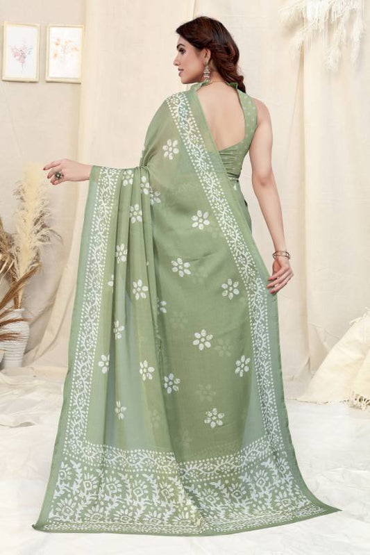 Gentle Peach Chinon Shiffon Printed Saree | Coordinated Printed Blouse Ensemble