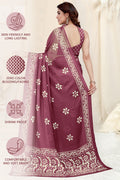 Rich Wine Chinon Shiffon Printed Saree | Coordinated Printed Blouse Ensemble