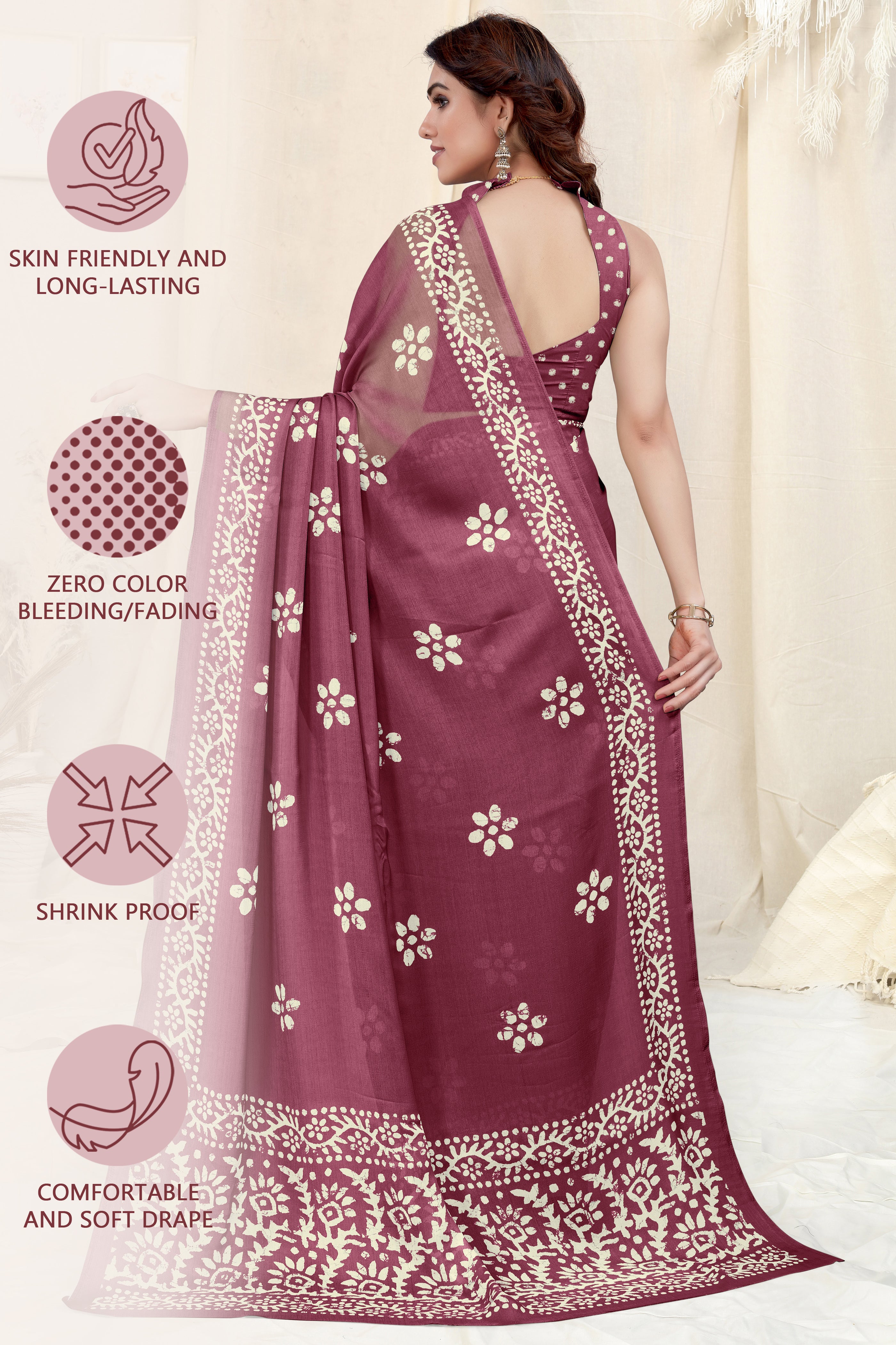 Rich Wine Chinon Shiffon Printed Saree | Coordinated Printed Blouse Ensemble