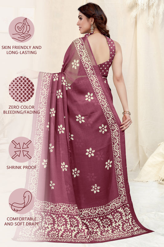 Rich Wine Chinon Shiffon Printed Saree | Coordinated Printed Blouse Ensemble