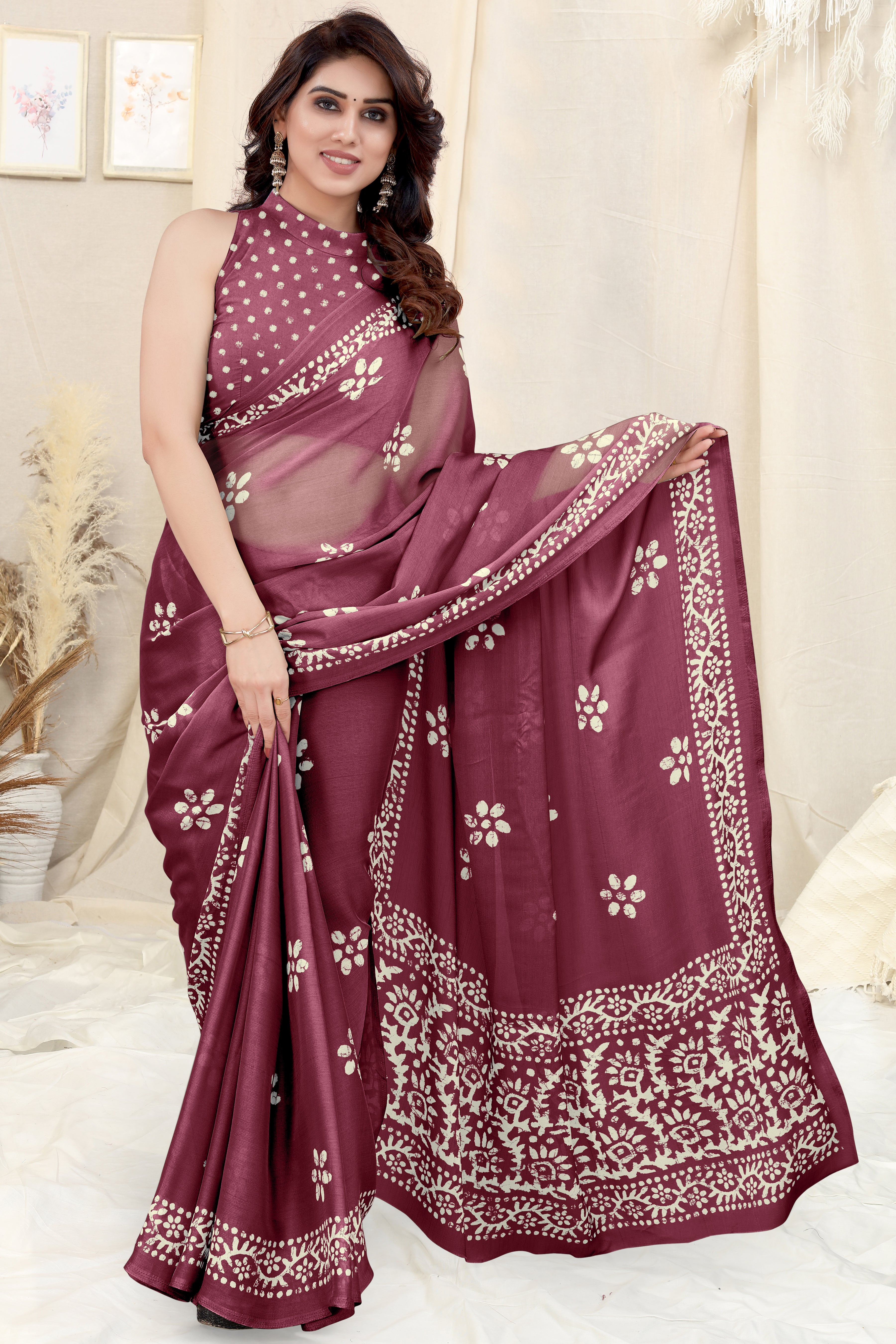 Rich Wine Chinon Shiffon Printed Saree | Coordinated Printed Blouse Ensemble
