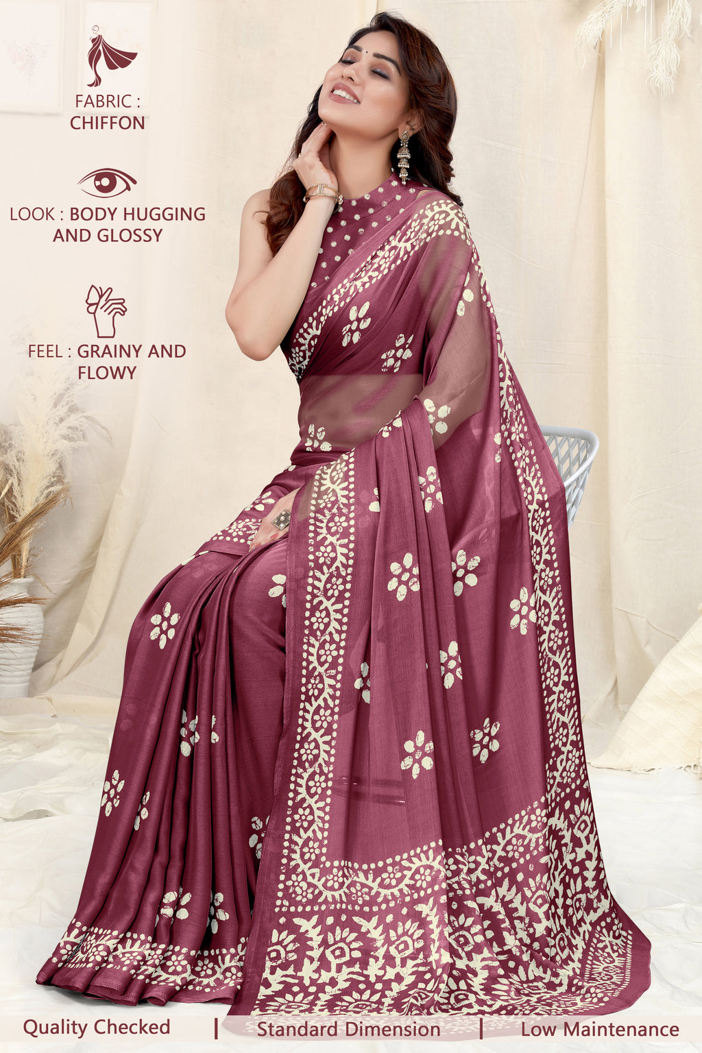 Rich Wine Chinon Shiffon Printed Saree | Coordinated Printed Blouse Ensemble