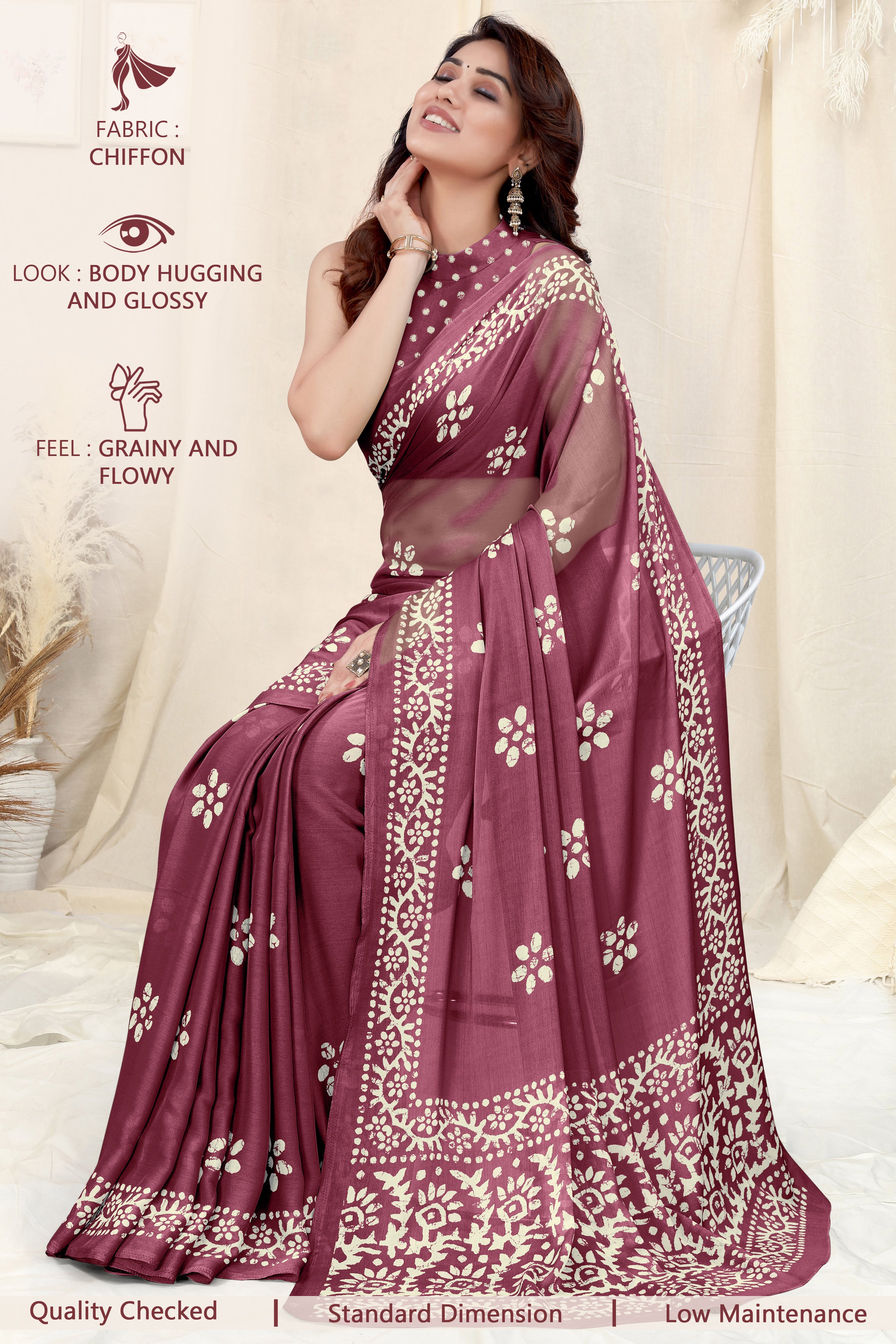 Rich Wine Chinon Shiffon Printed Saree | Coordinated Printed Blouse Ensemble
