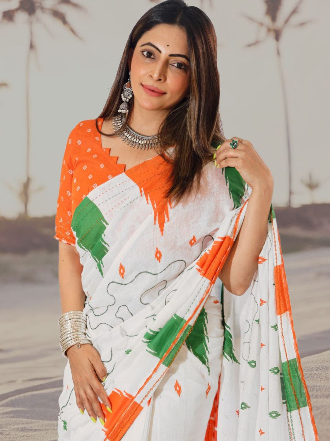 Pristine White Khadi Printed Saree | Timeless Elegance with Artisanal Charm