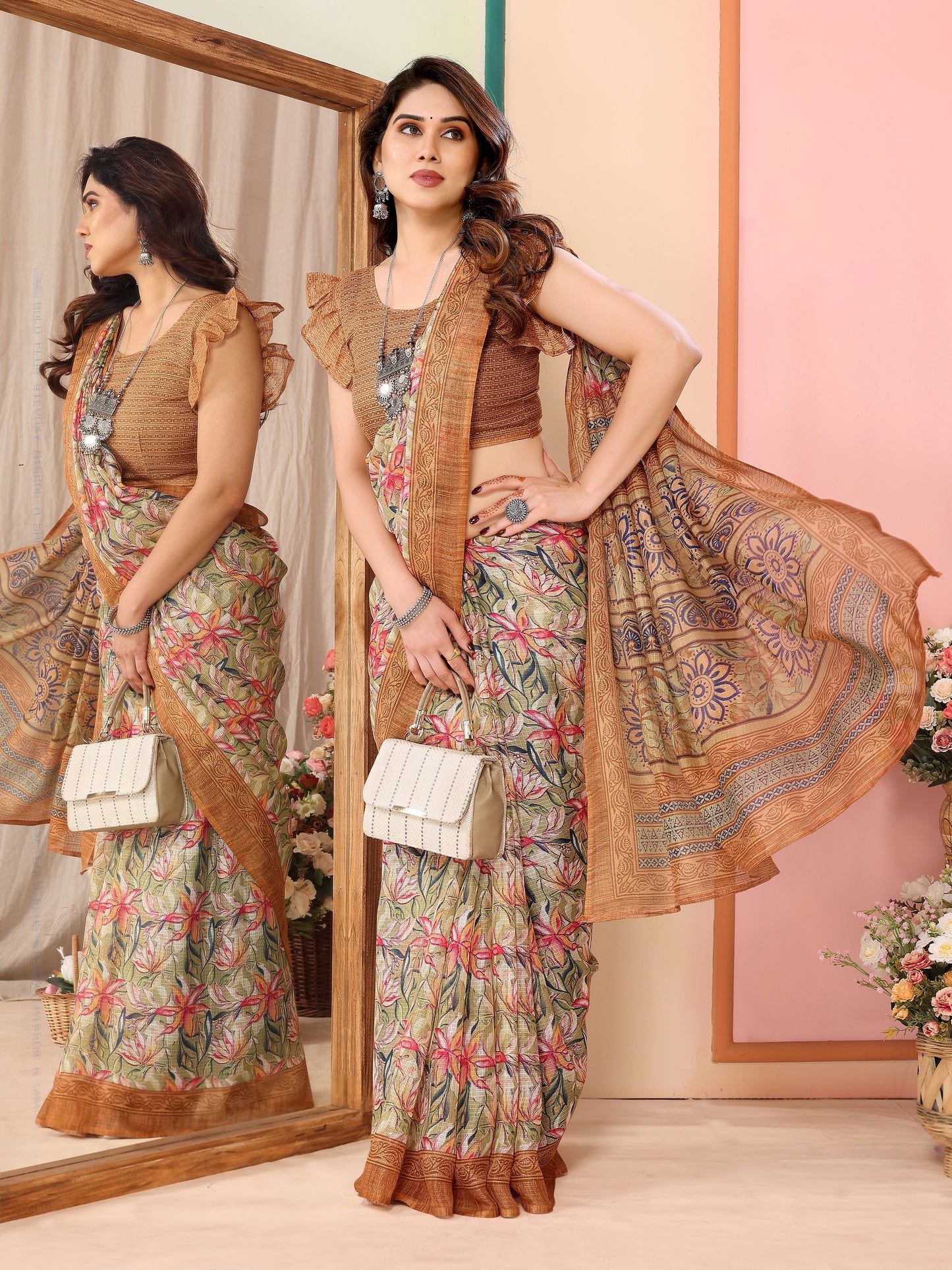 Earthy Coffee Kota Doriya Printed Saree | Warm Elegance with Traditional Weave