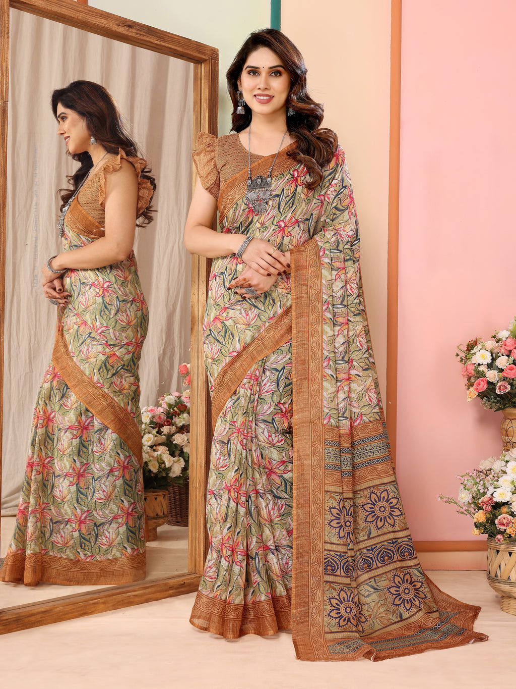 Earthy Coffee Kota Doriya Printed Saree | Warm Elegance with Traditional Weave