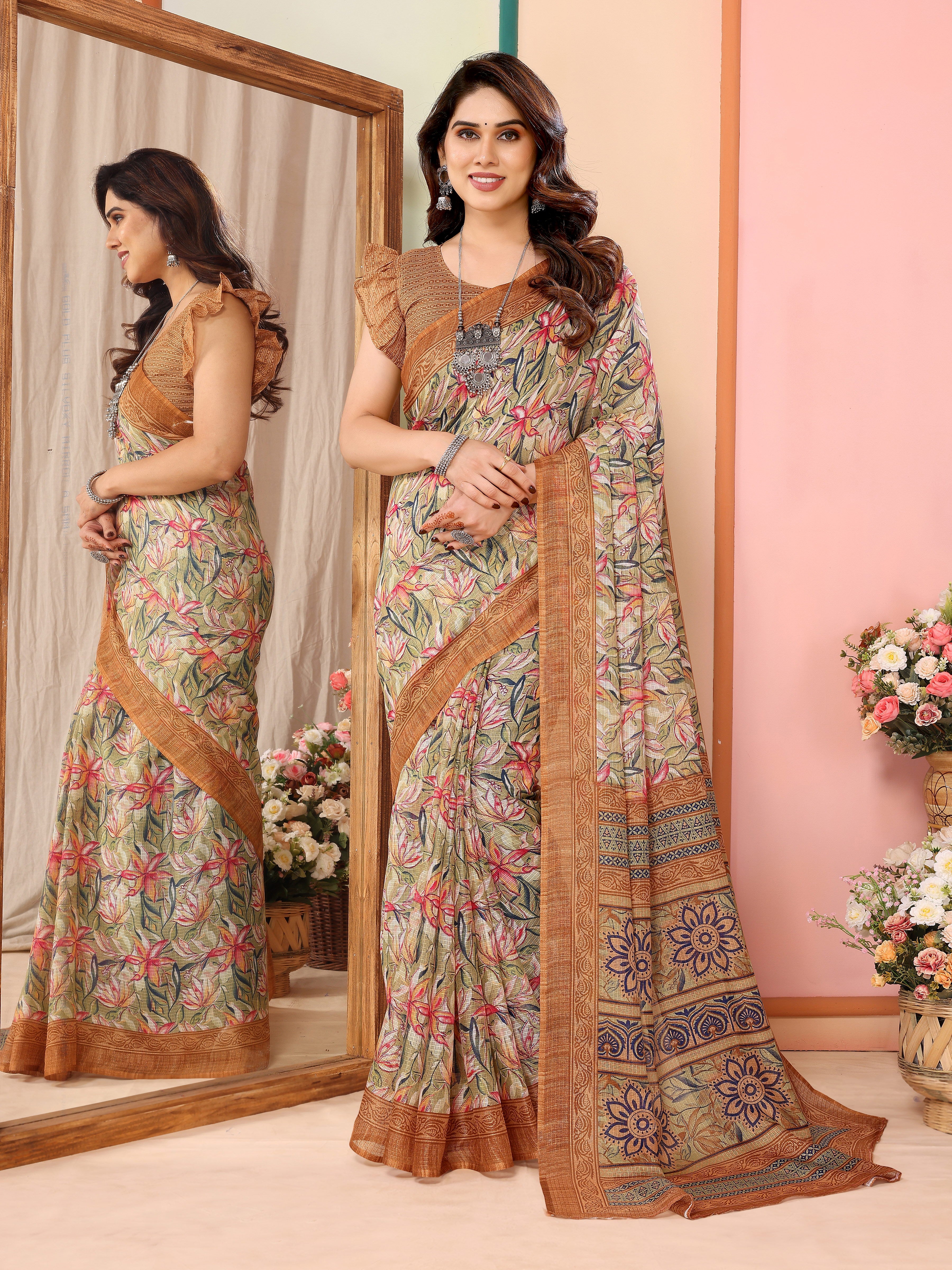 Earthy Coffee Kota Doriya Printed Saree | Warm Elegance with Traditional Weave