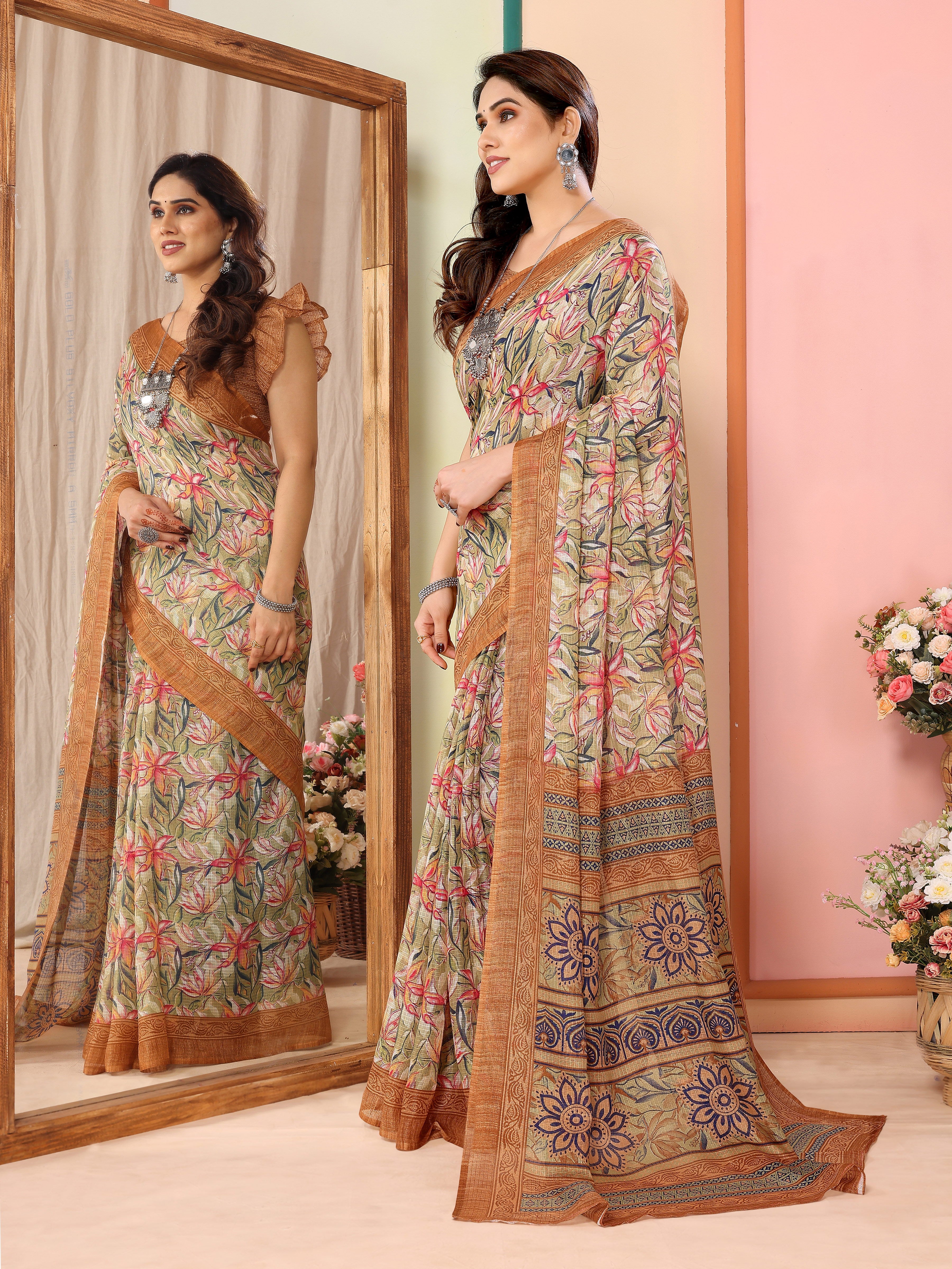 Earthy Coffee Kota Doriya Printed Saree | Warm Elegance with Traditional Weave
