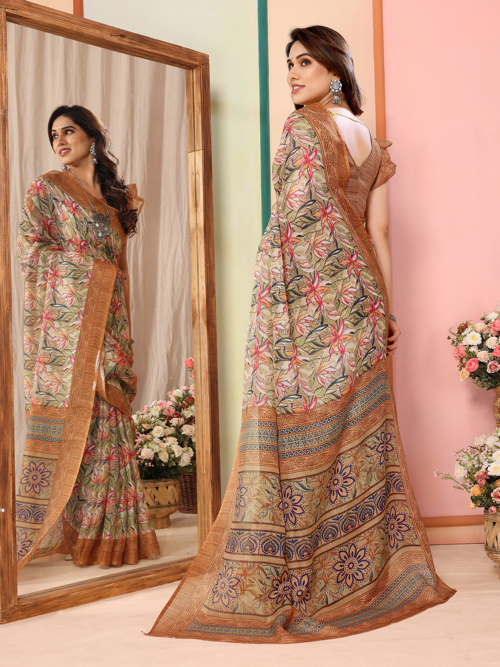 Earthy Coffee Kota Doriya Printed Saree | Warm Elegance with Traditional Weave