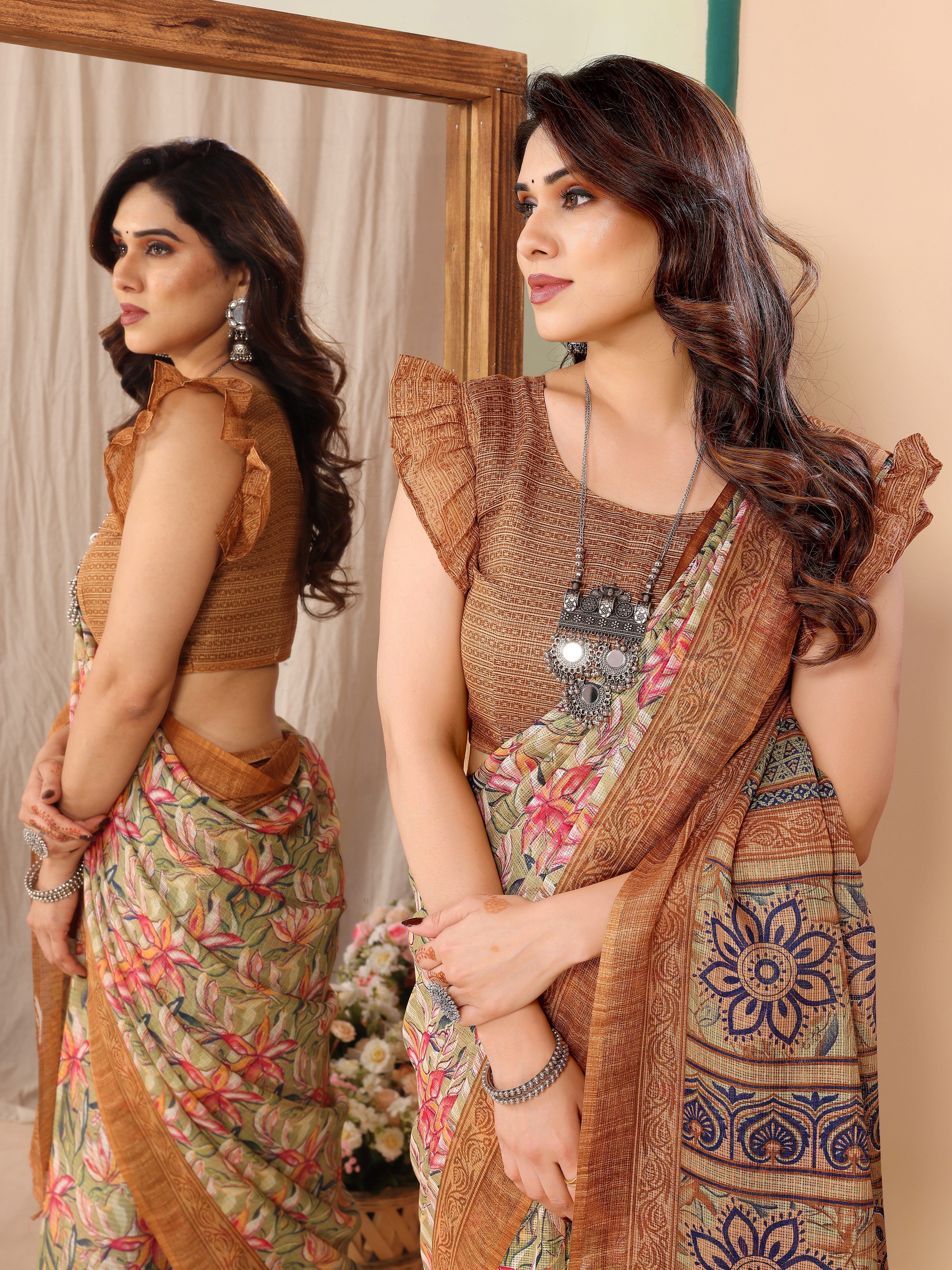 Earthy Coffee Kota Doriya Printed Saree | Warm Elegance with Traditional Weave