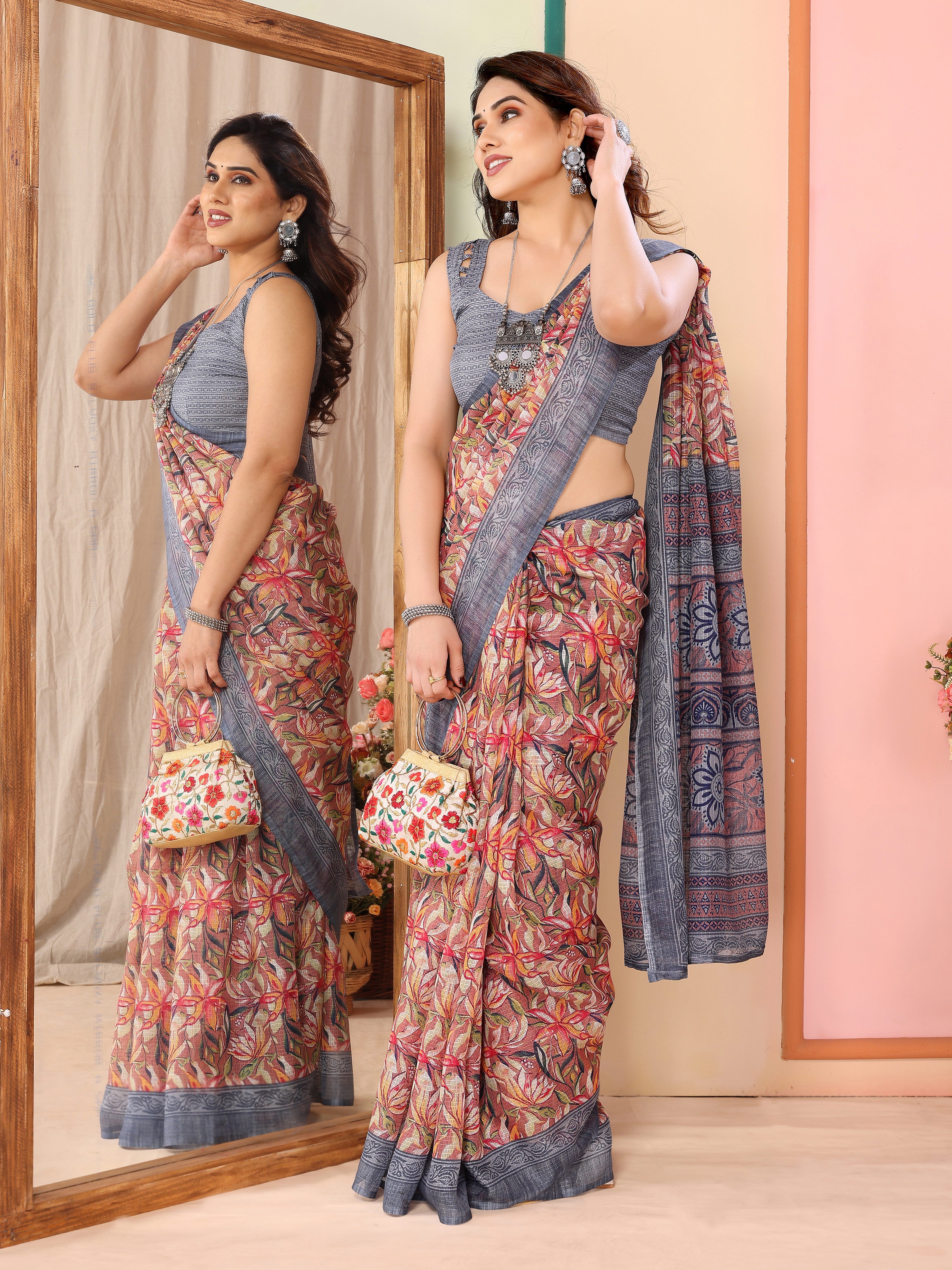 Sophisticated Grey Kota Doriya Printed Saree | Contemporary Elegance with Traditional Weave