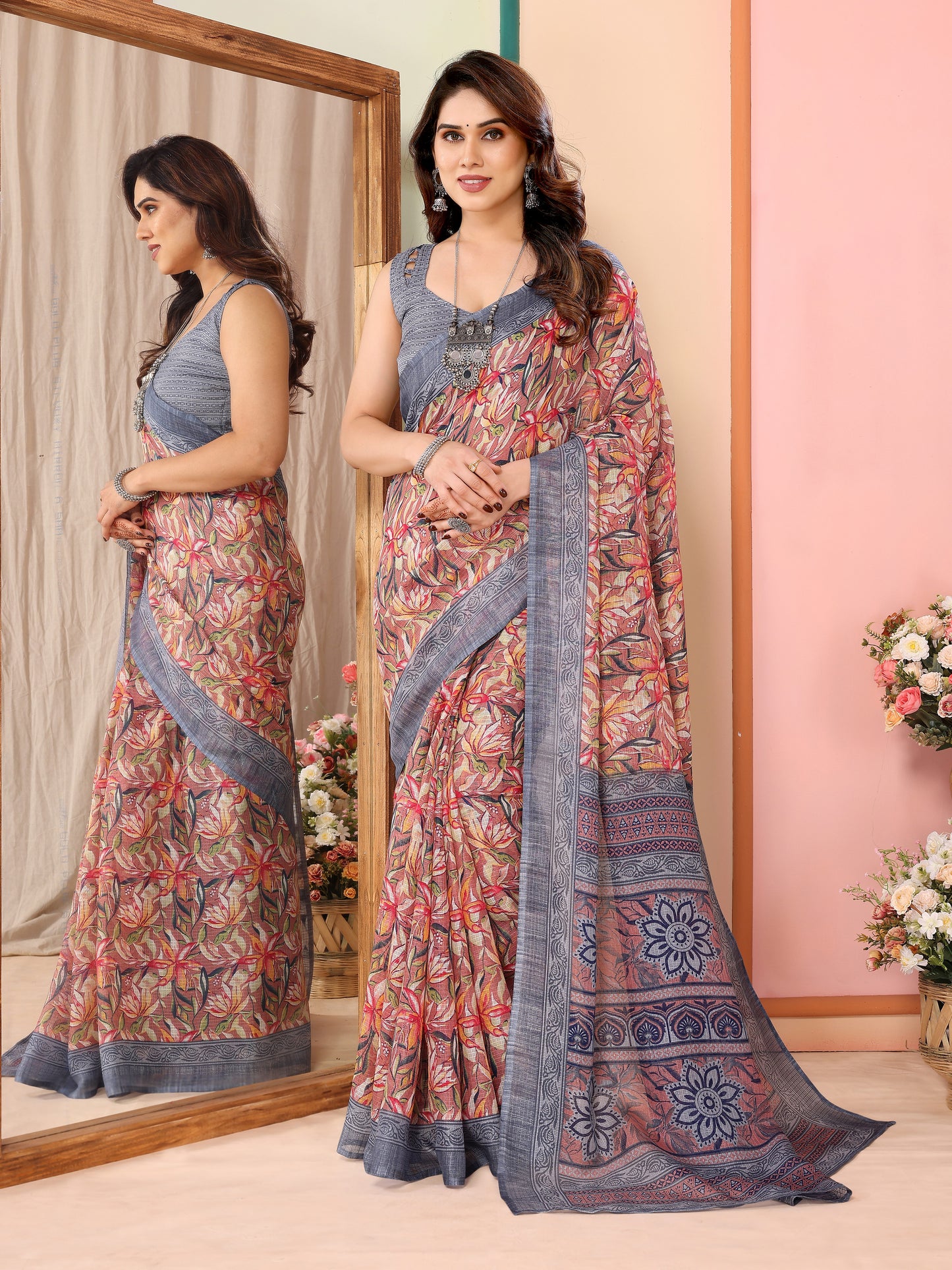 Sophisticated Grey Kota Doriya Printed Saree | Contemporary Elegance with Traditional Weave
