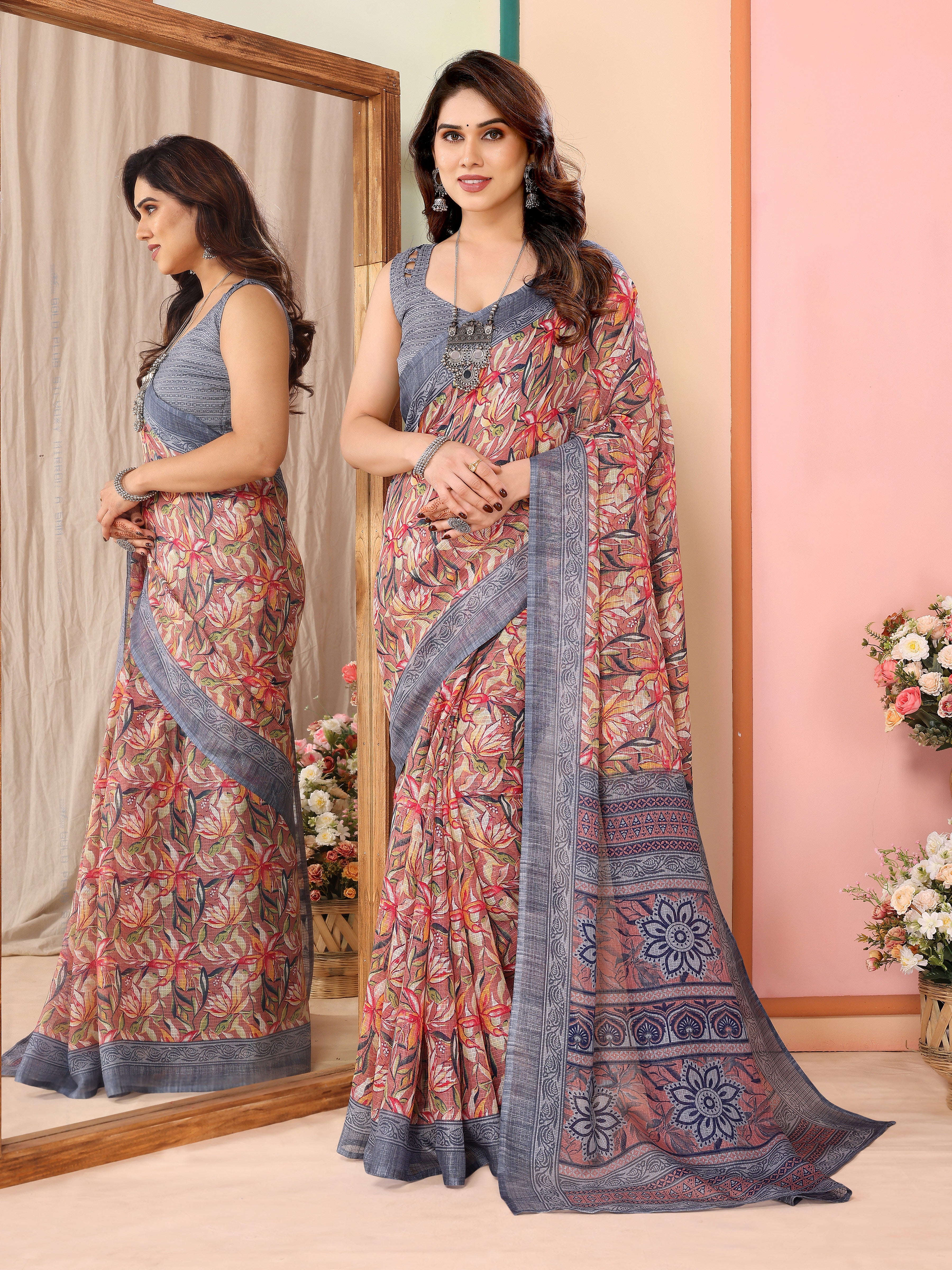 Sophisticated Grey Kota Doriya Printed Saree | Contemporary Elegance with Traditional Weave