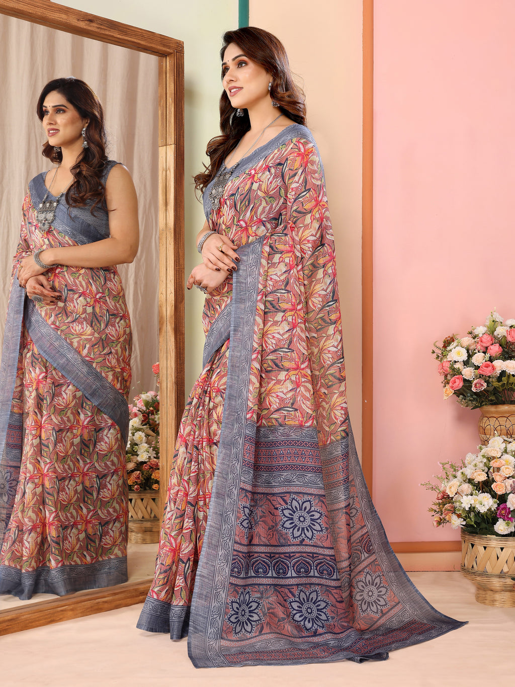 Sophisticated Grey Kota Doriya Printed Saree | Contemporary Elegance with Traditional Weave
