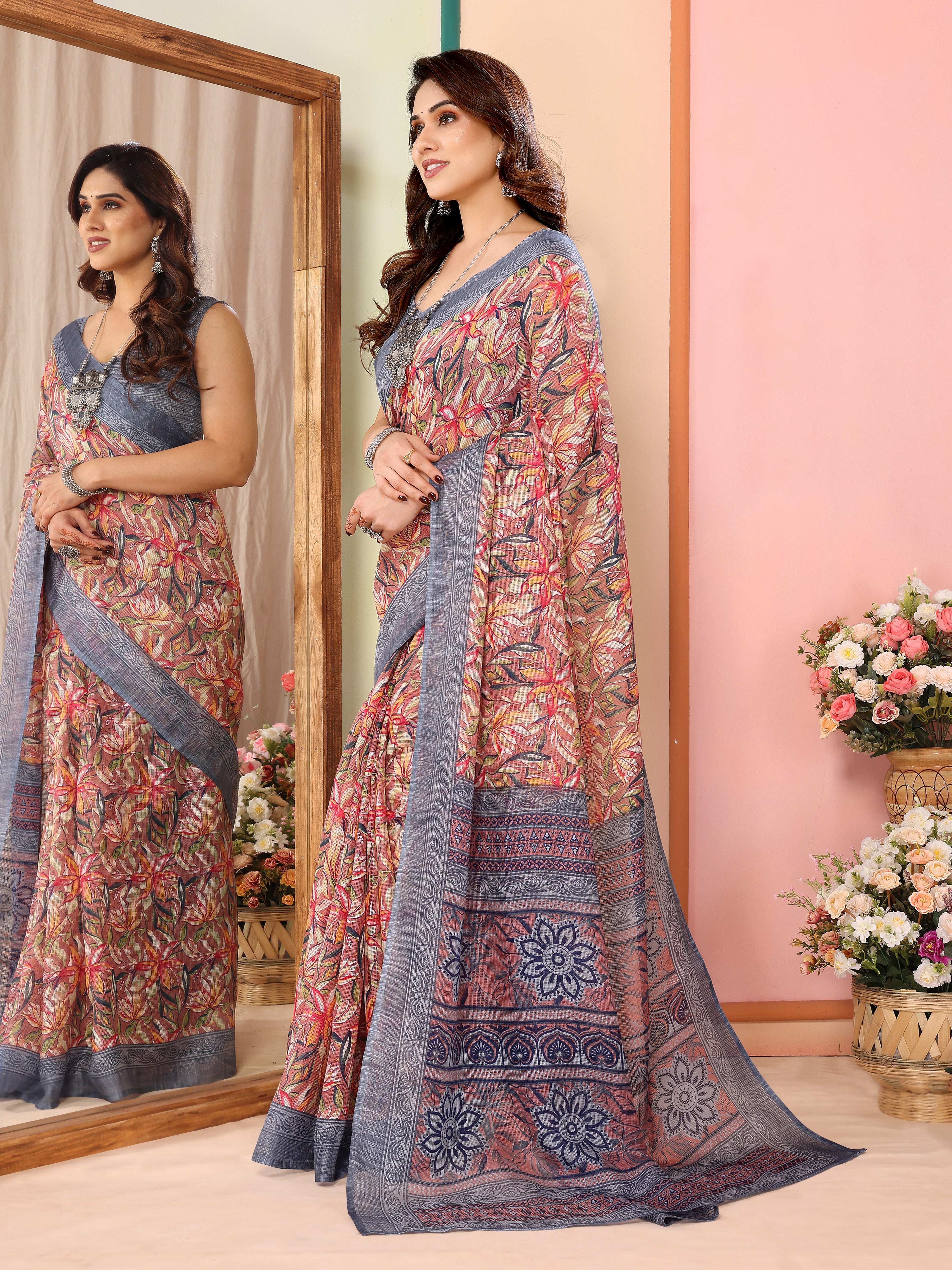 Sophisticated Grey Kota Doriya Printed Saree | Contemporary Elegance with Traditional Weave