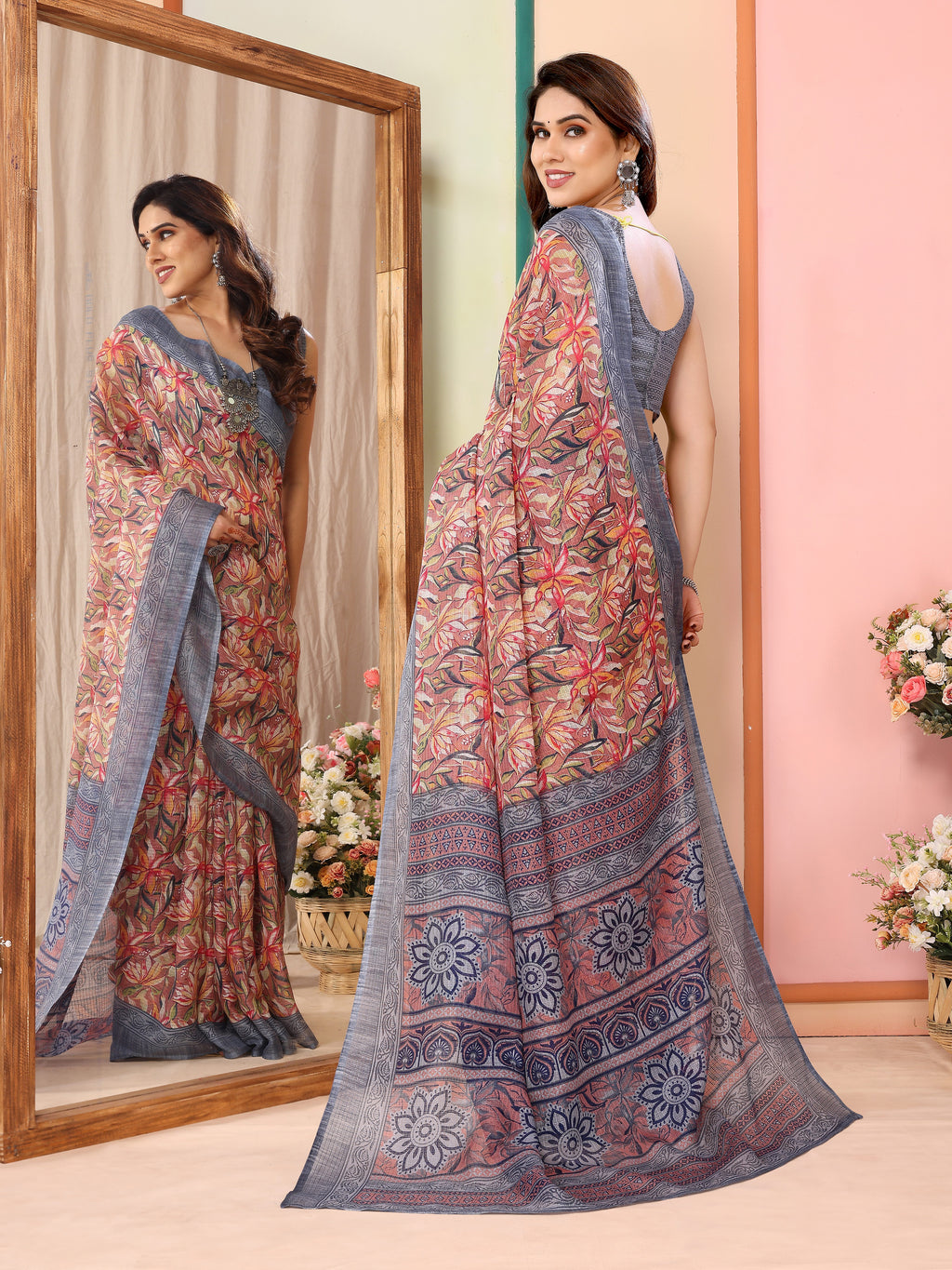 Sophisticated Grey Kota Doriya Printed Saree | Contemporary Elegance with Traditional Weave