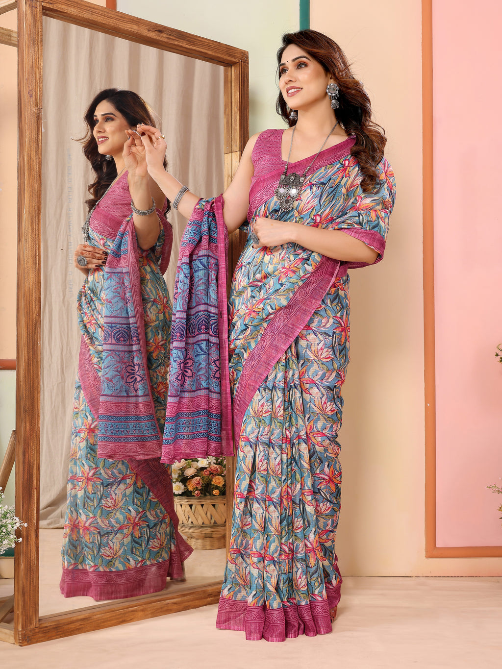 Delicate Pink Kota Doriya Printed Saree | Feminine Grace with Traditional Weave