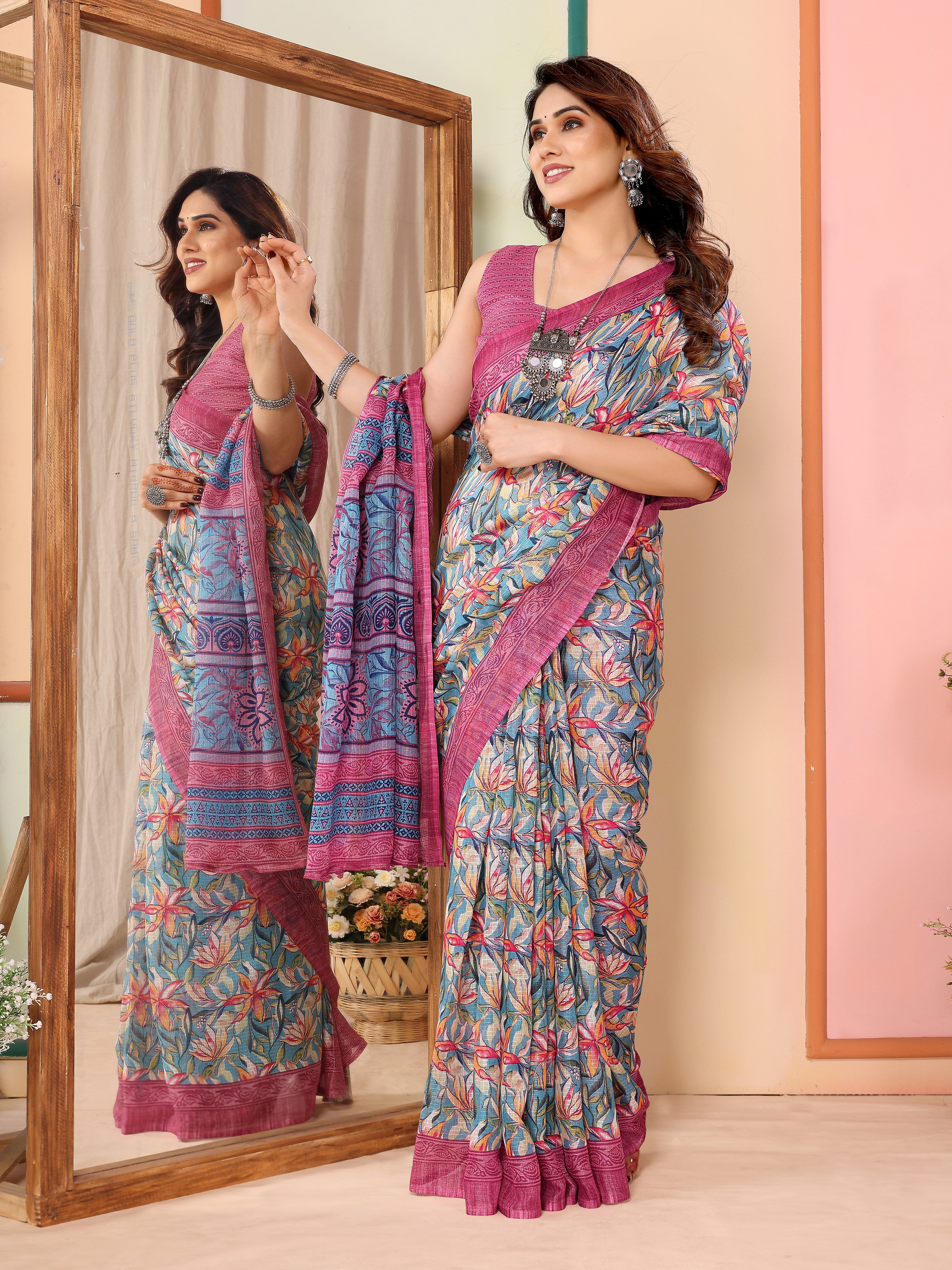 Delicate Pink Kota Doriya Printed Saree | Feminine Grace with Traditional Weave
