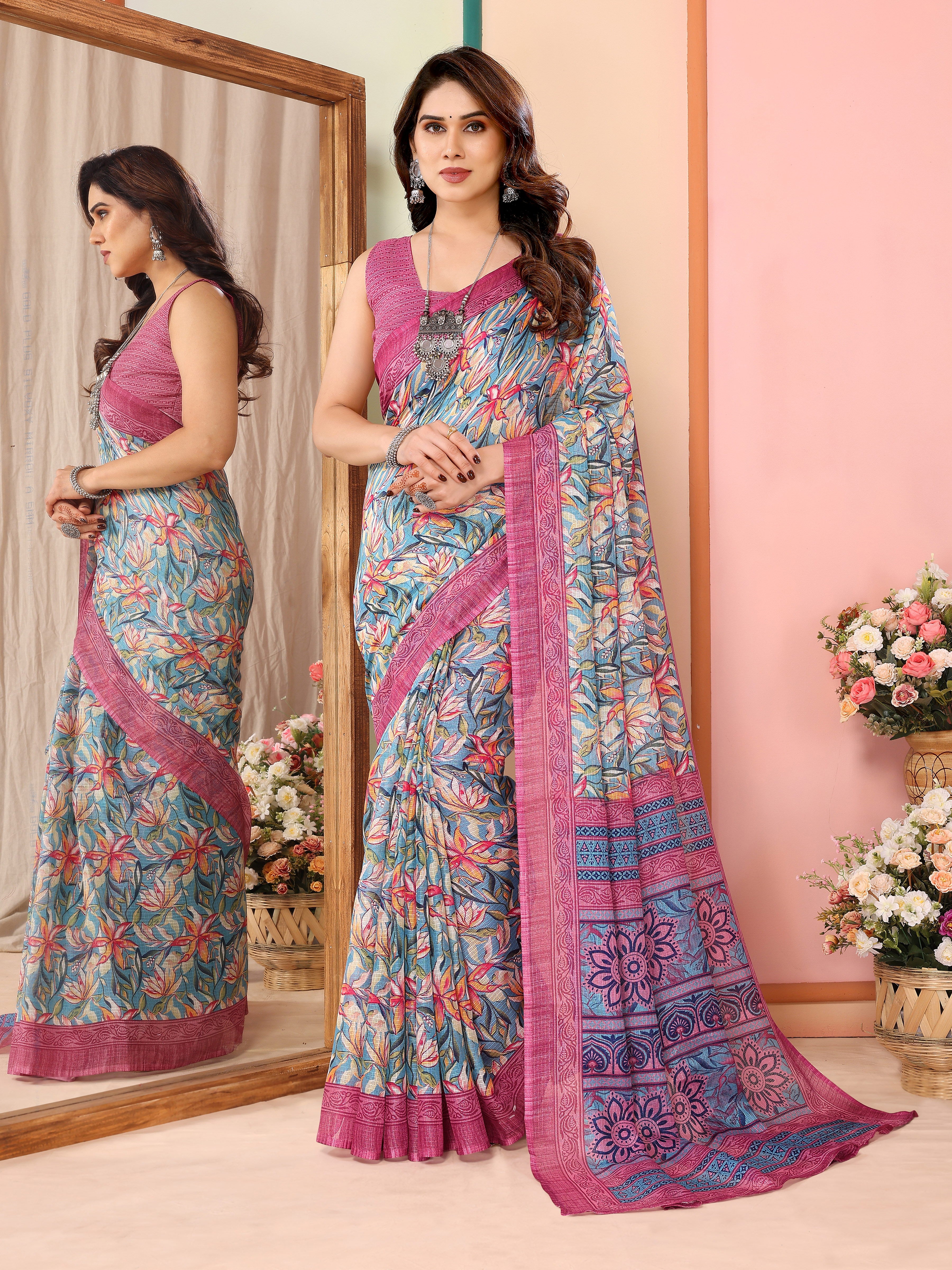 Delicate Pink Kota Doriya Printed Saree | Feminine Grace with Traditional Weave