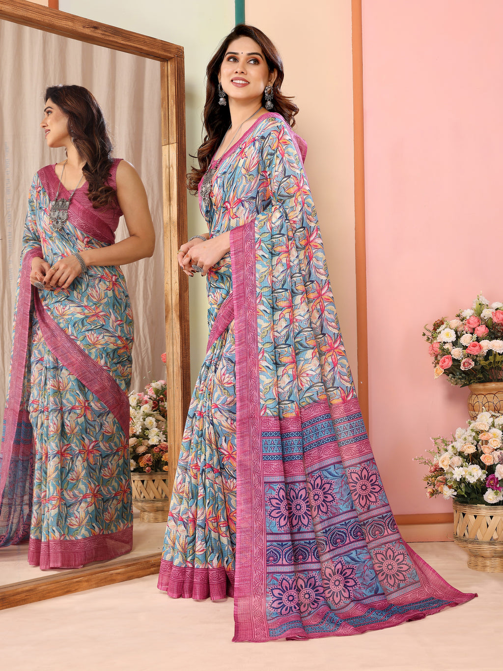 Delicate Pink Kota Doriya Printed Saree | Feminine Grace with Traditional Weave