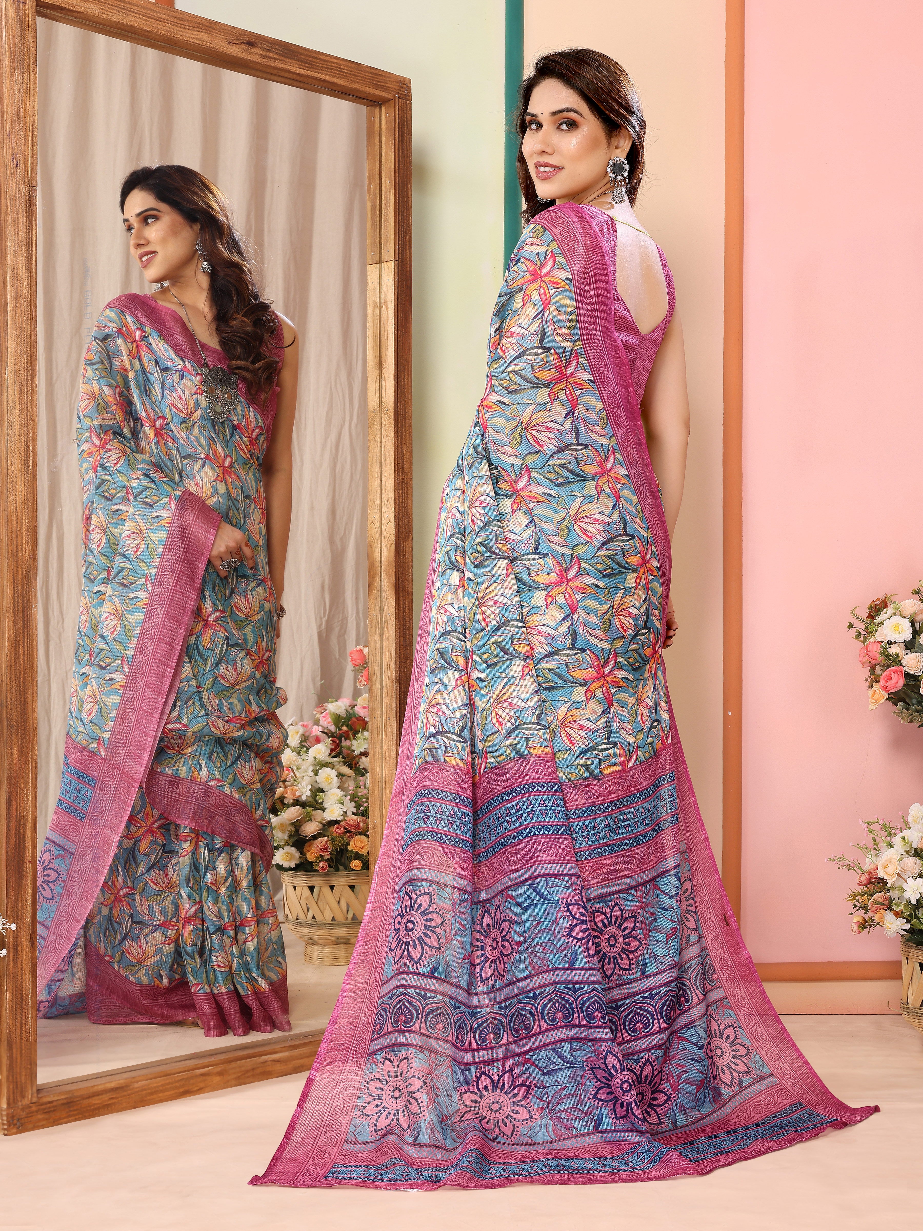 Delicate Pink Kota Doriya Printed Saree | Feminine Grace with Traditional Weave