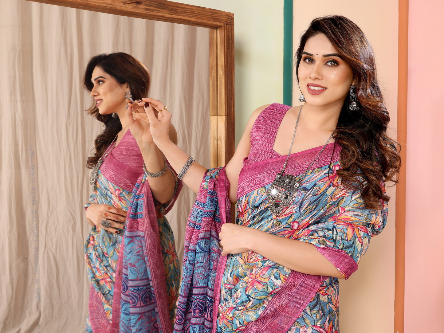Delicate Pink Kota Doriya Printed Saree | Feminine Grace with Traditional Weave