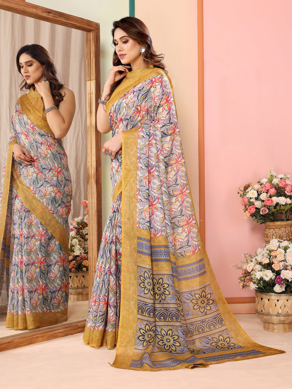 Radiant Yellow Kota Doriya Printed Saree | Vibrant Elegance with Traditional Weave