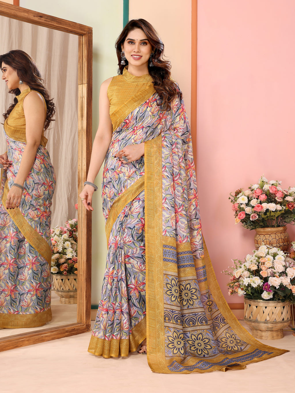 Radiant Yellow Kota Doriya Printed Saree | Vibrant Elegance with Traditional Weave