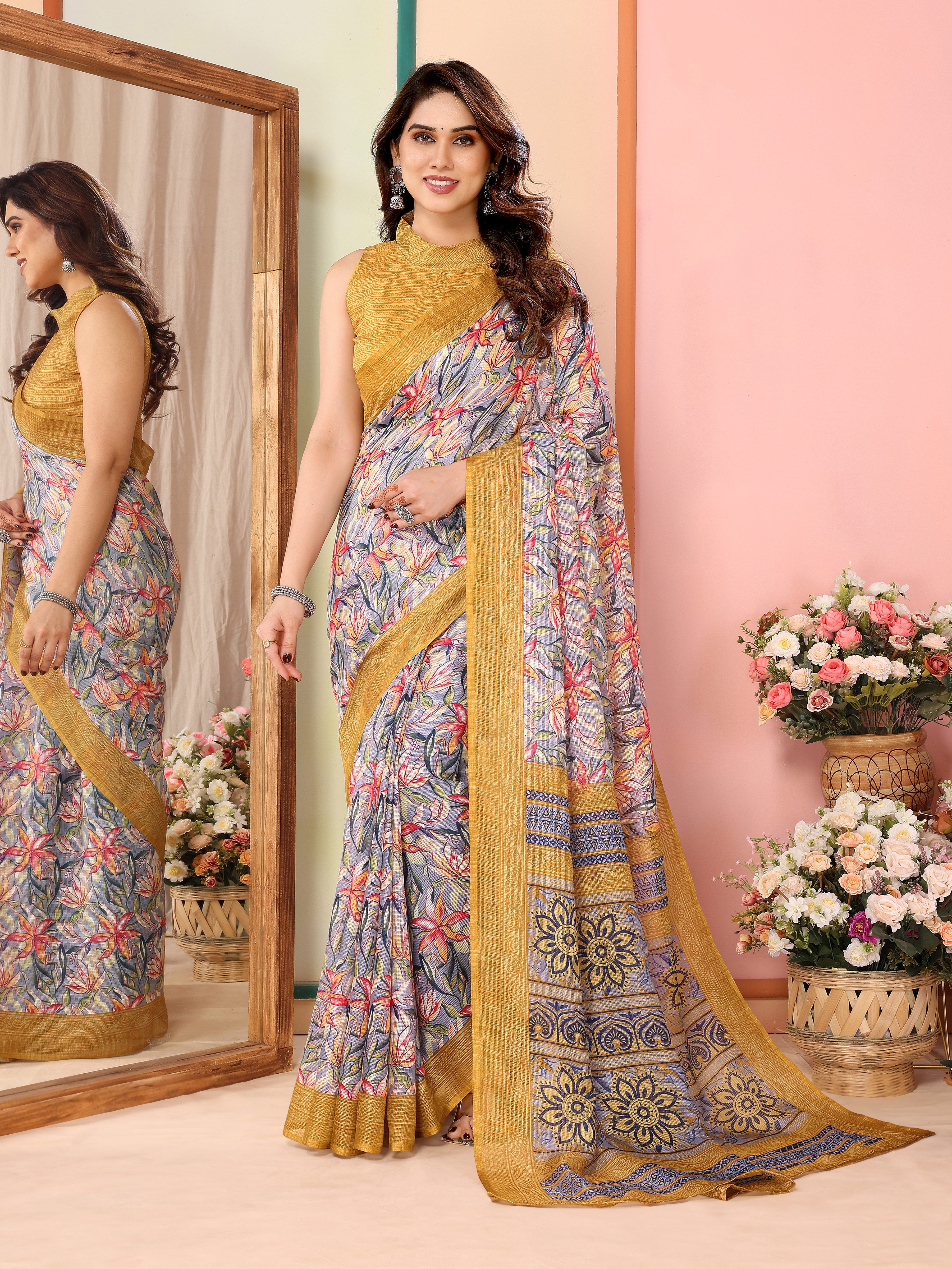 Radiant Yellow Kota Doriya Printed Saree | Vibrant Elegance with Traditional Weave