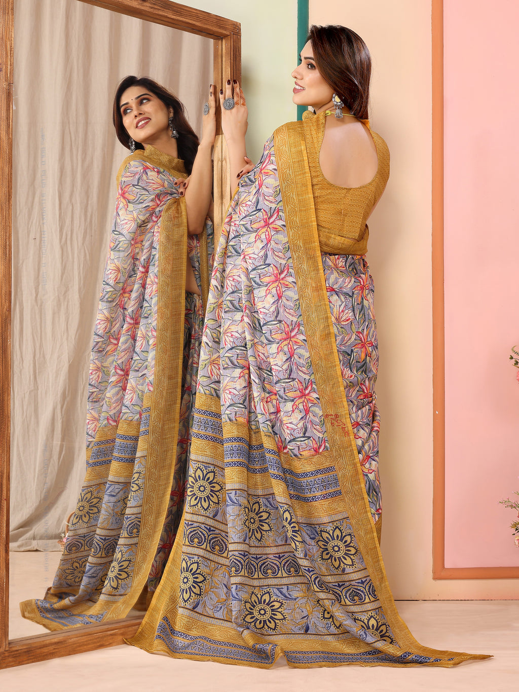 Radiant Yellow Kota Doriya Printed Saree | Vibrant Elegance with Traditional Weave
